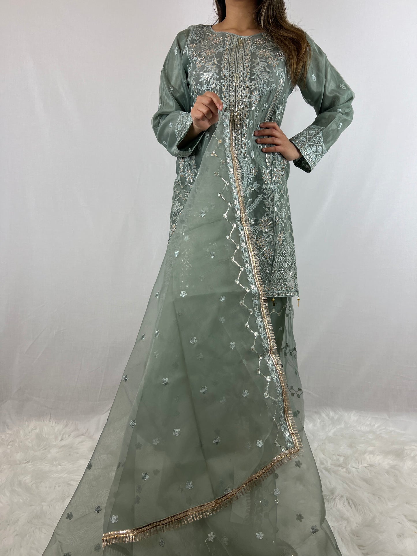 Dusky Sage Green Embroidered Sharara