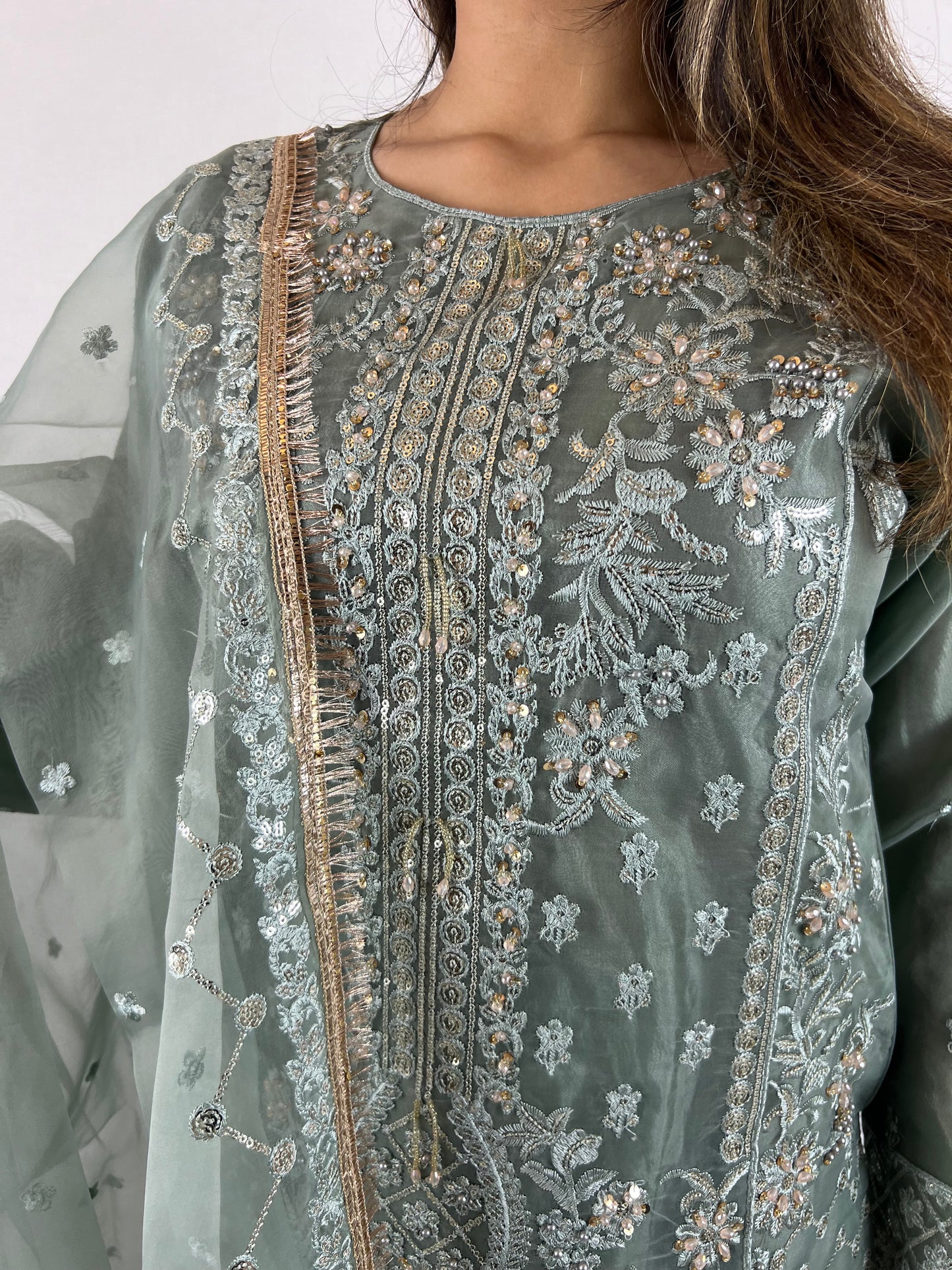 Dusky Sage Green Embroidered Sharara