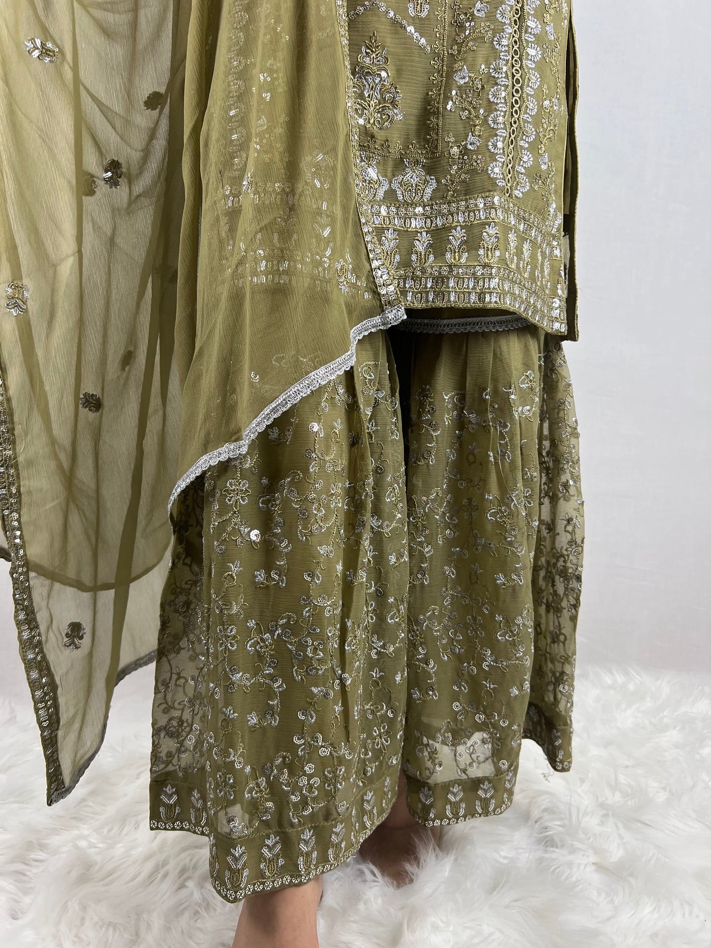 Mehndi Green Chiffon Sharara Suit