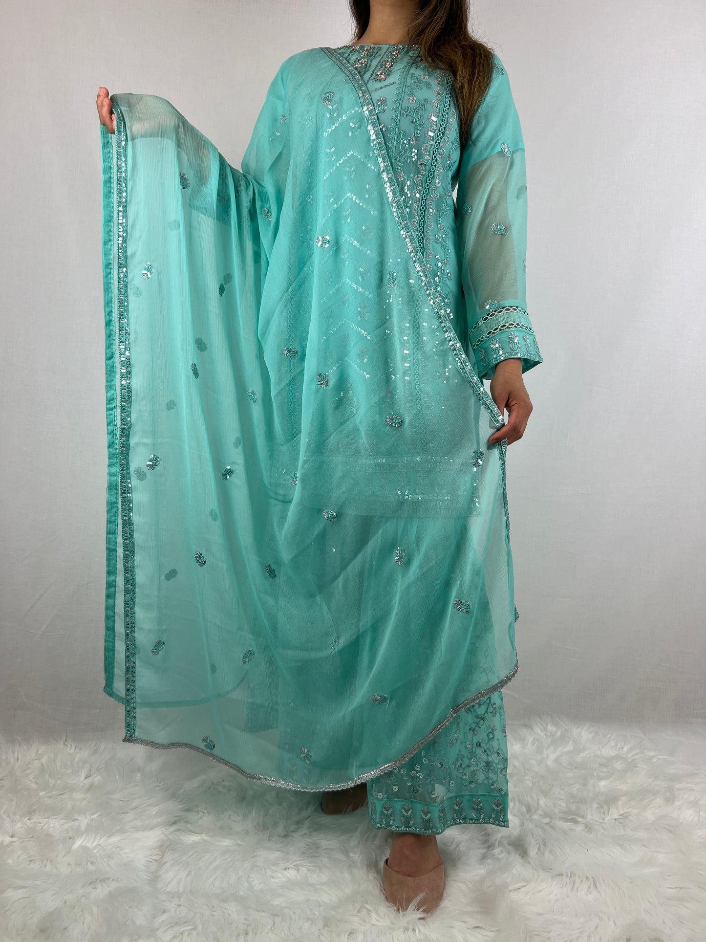 Aqua Blue Chiffon Sharara Suit