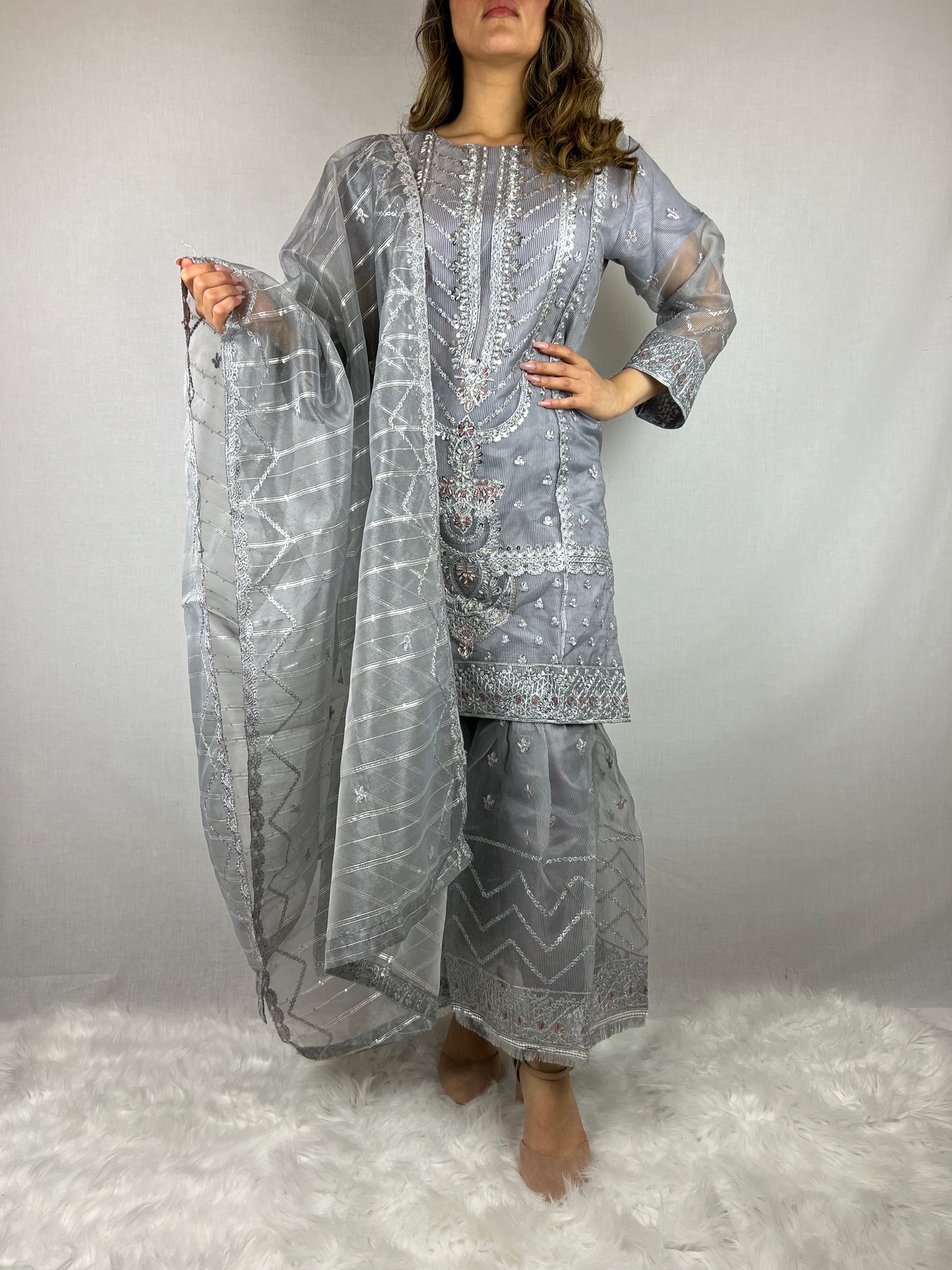 Grey & Silver Beaded Sharara