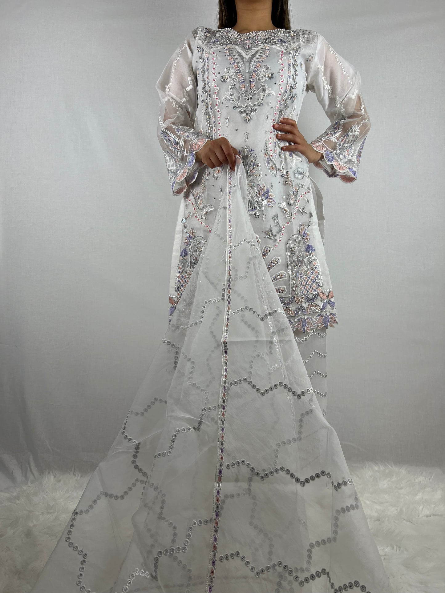 White & Pastel Embroidered Palazzo Suit