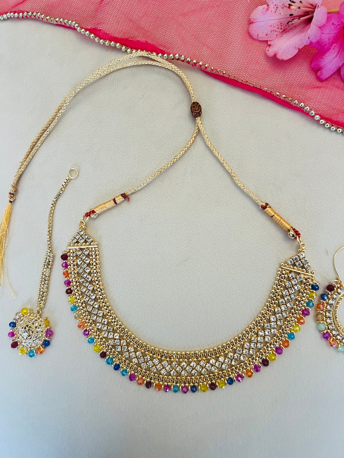 Gold & Multicoloured Jewellery Set With Thin Bindi