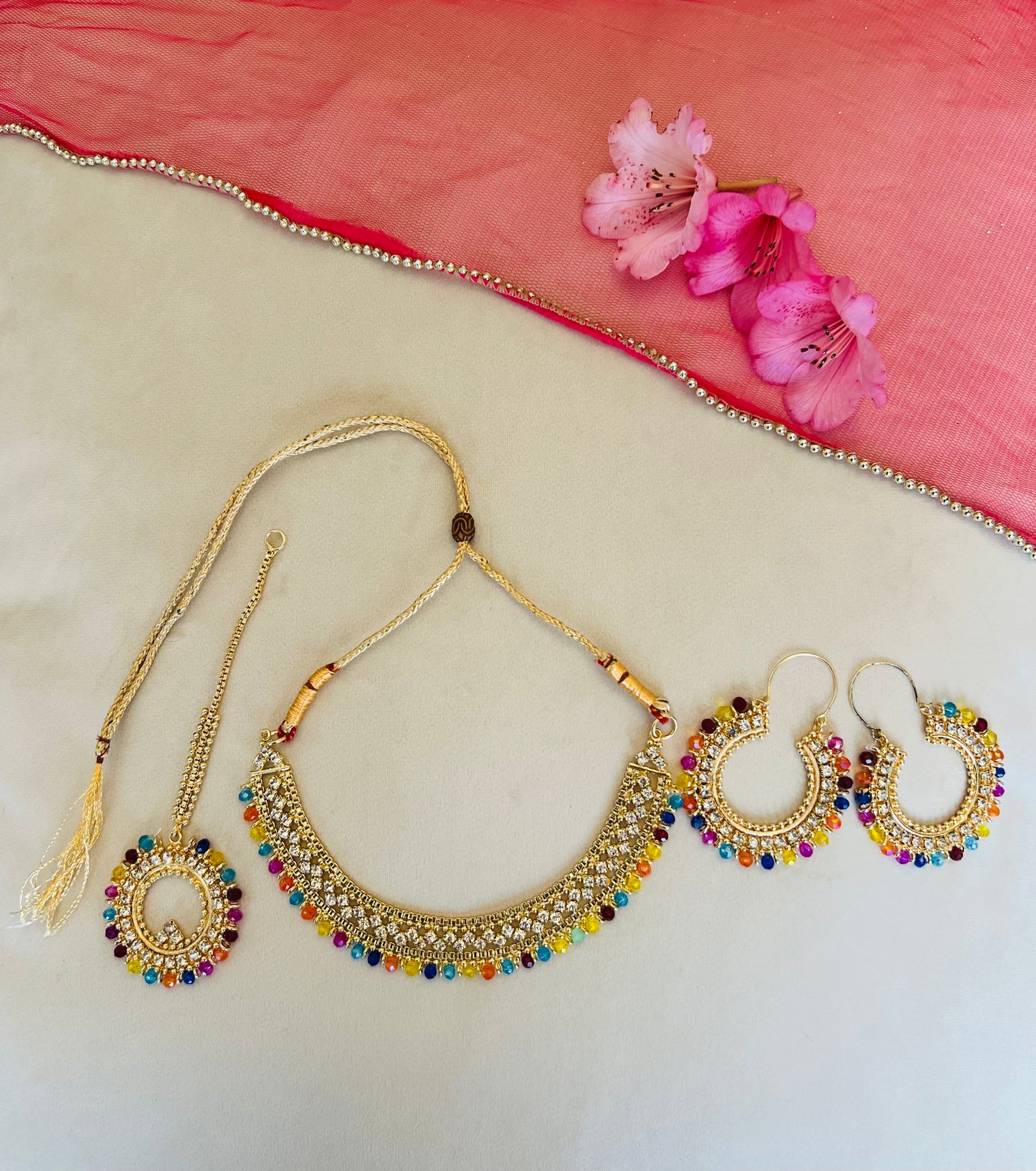 Gold & Multicoloured Jewellery Set With Round Bindi