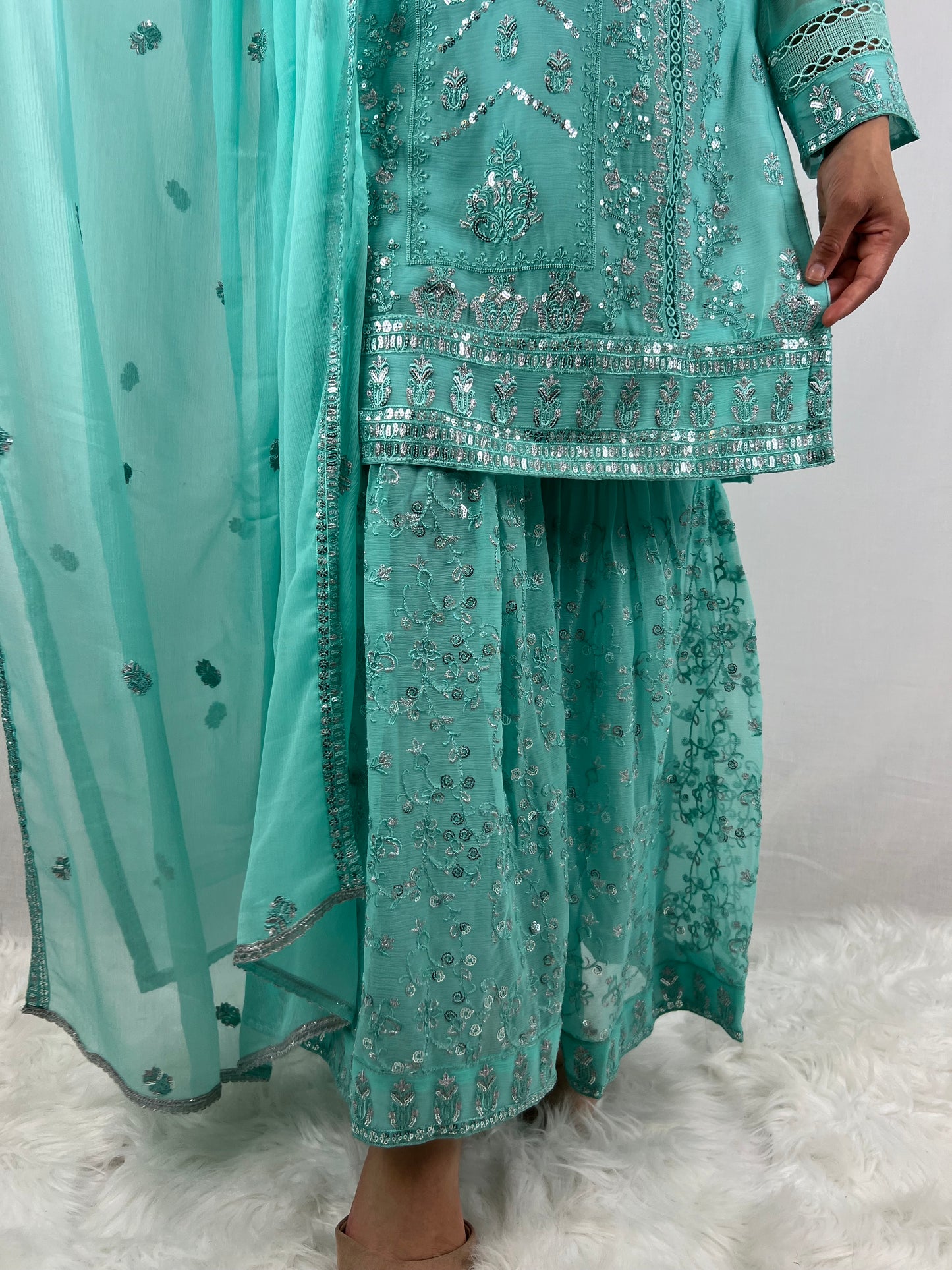 Aqua Blue Chiffon Sharara Suit