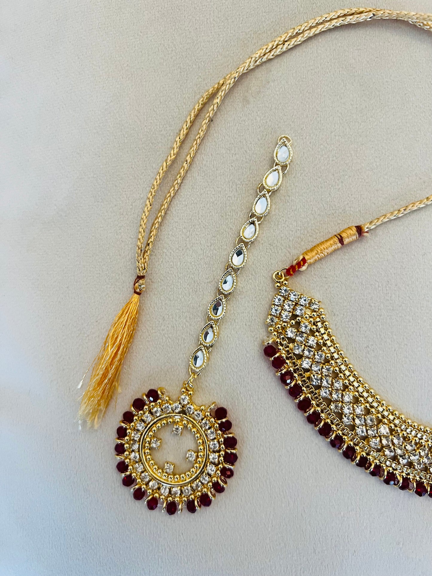 Burgundy Red & Gold Jewellery Set With Round Earrings