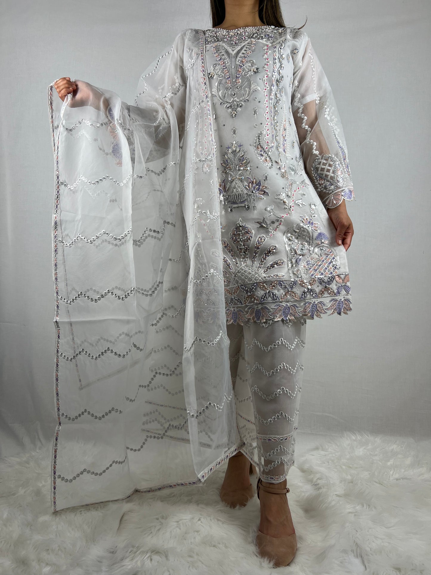 White & Pastel Embroidered Palazzo Suit