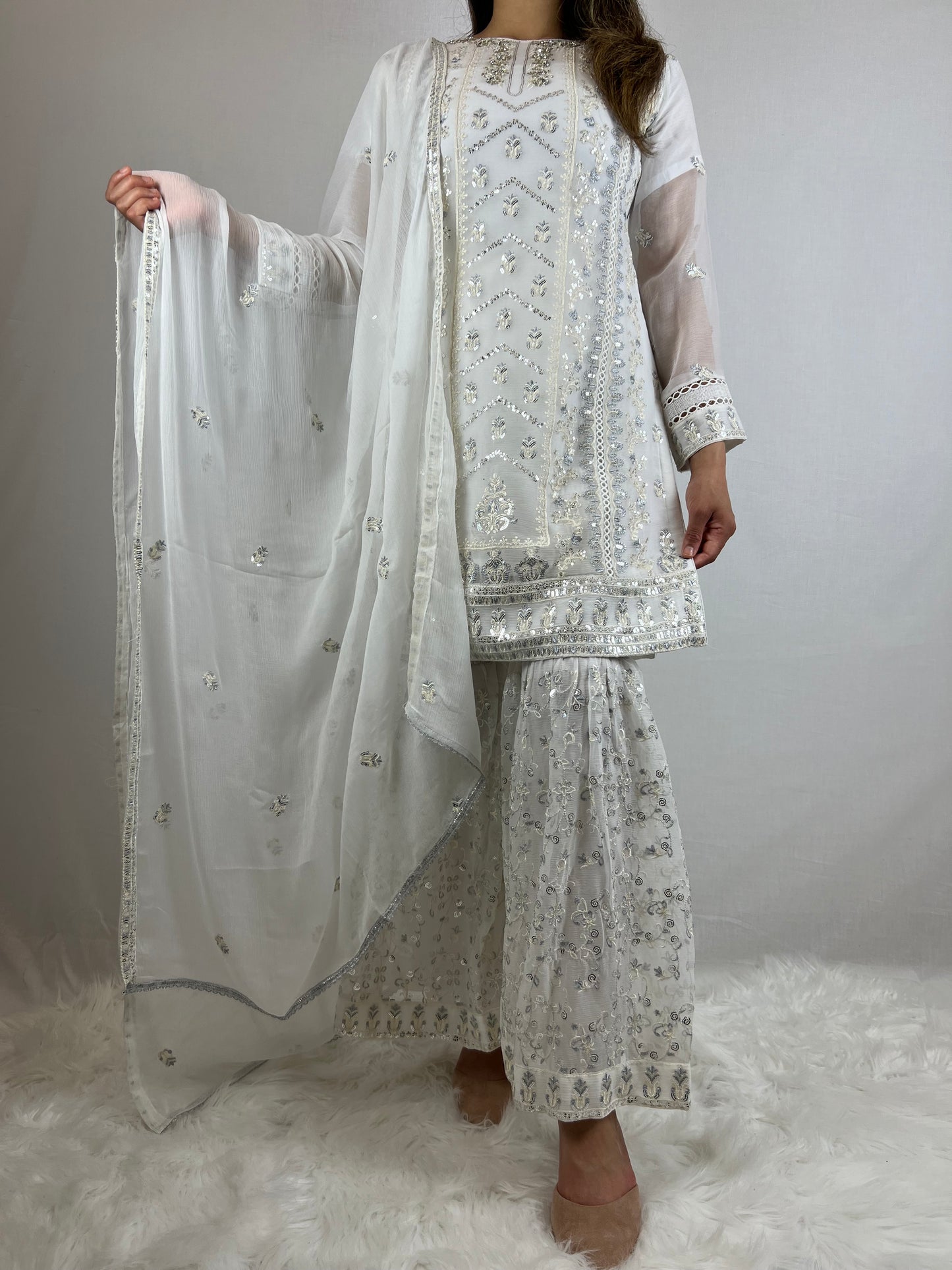 White Chiffon Sharara Suit