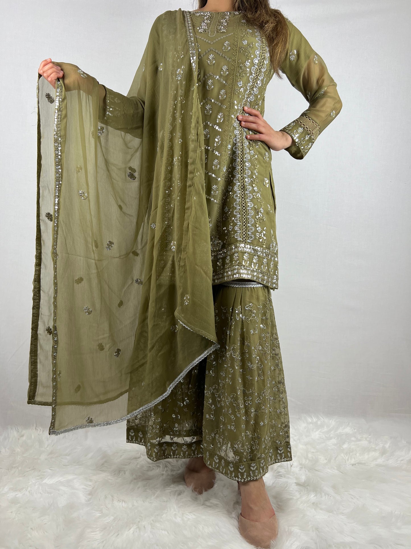 Mehndi Green Chiffon Sharara Suit