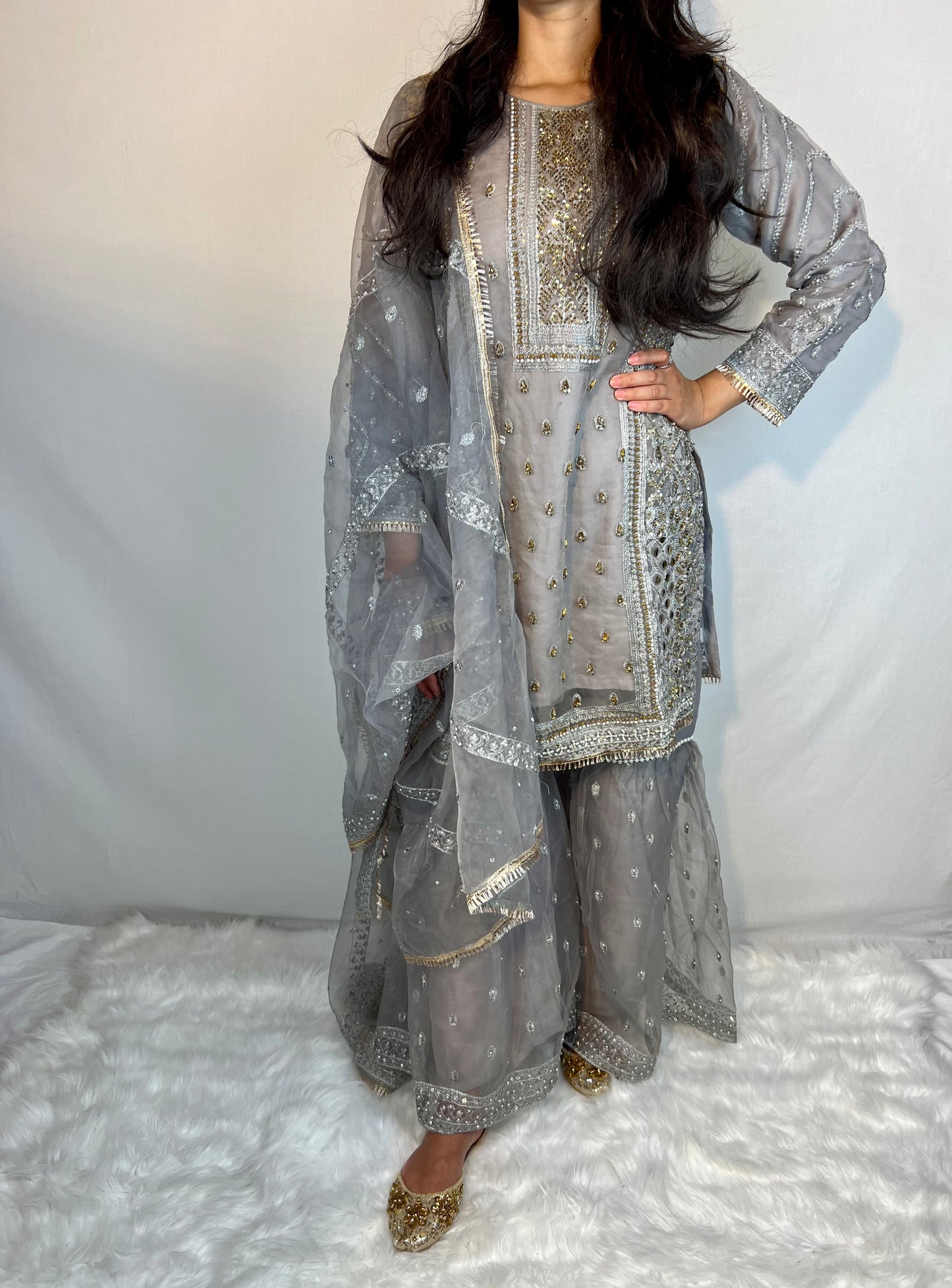 Grey Beaded Gharara Suit