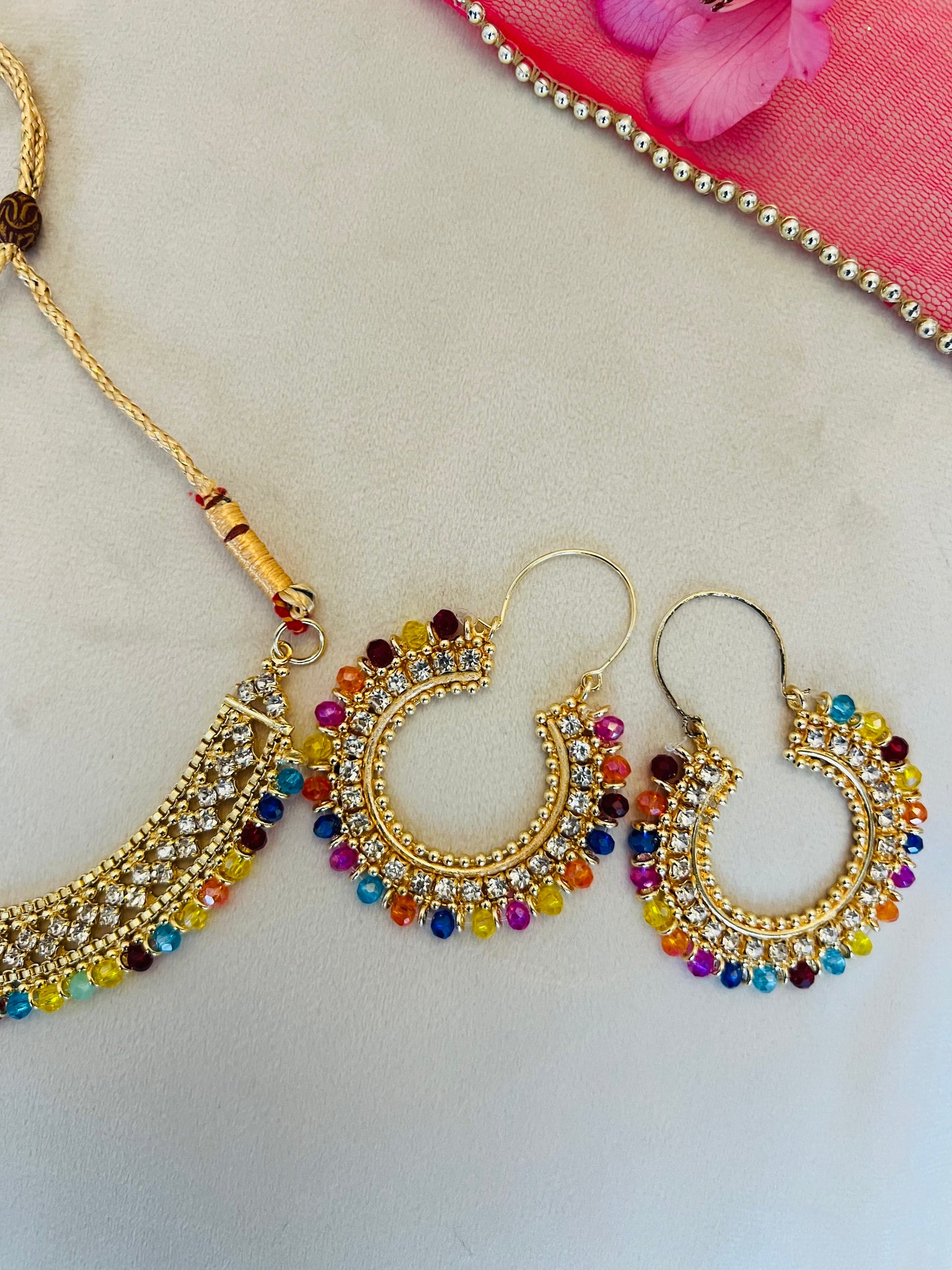Gold & Multicoloured Jewellery Set With Round Bindi