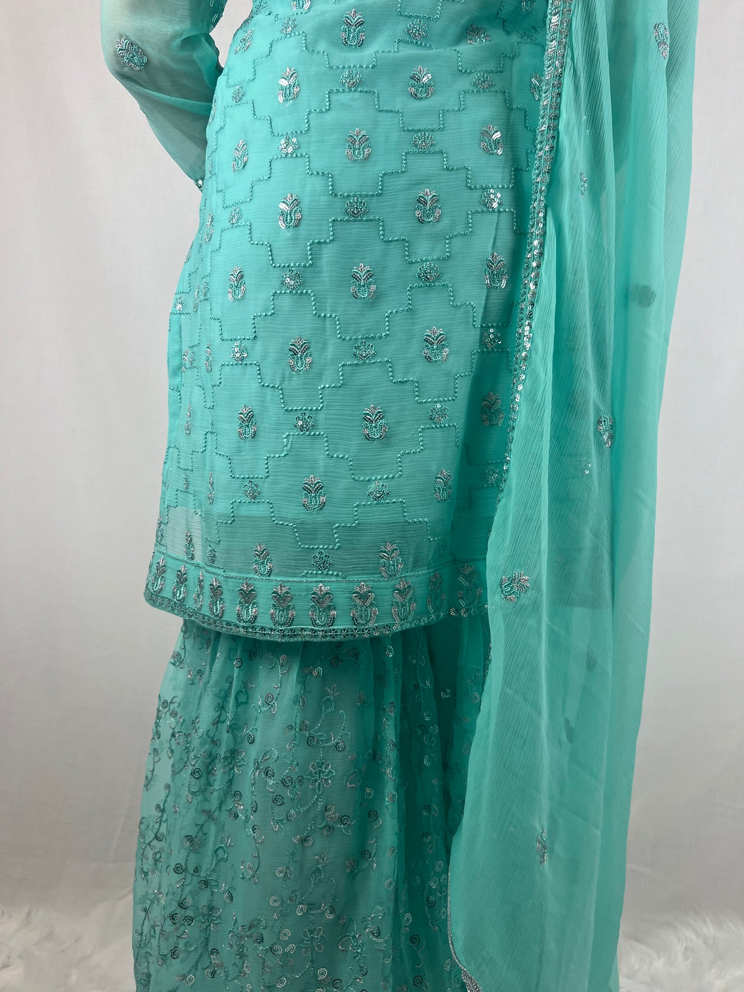 Aqua Blue Chiffon Sharara Suit