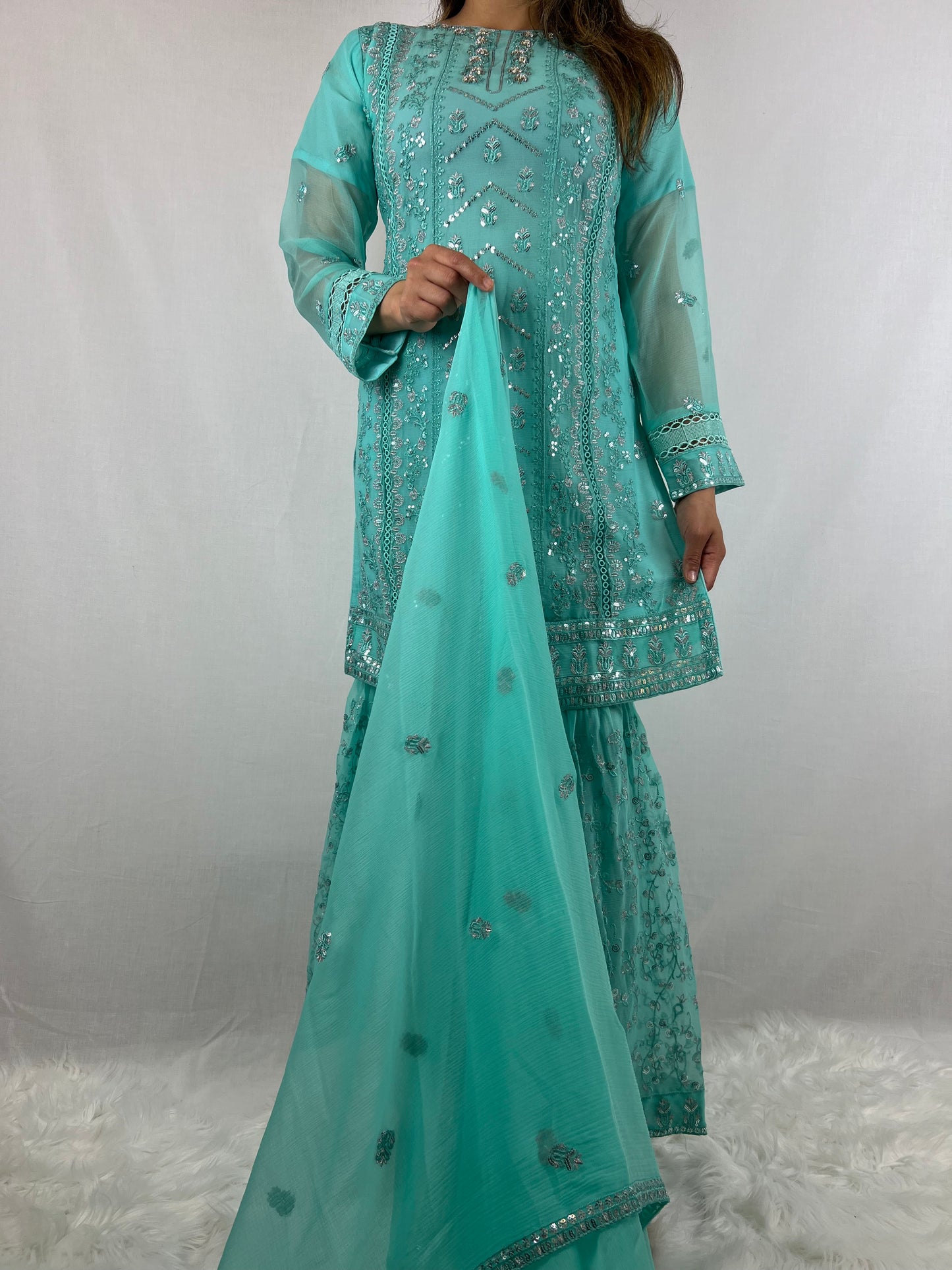 Aqua Blue Chiffon Sharara Suit