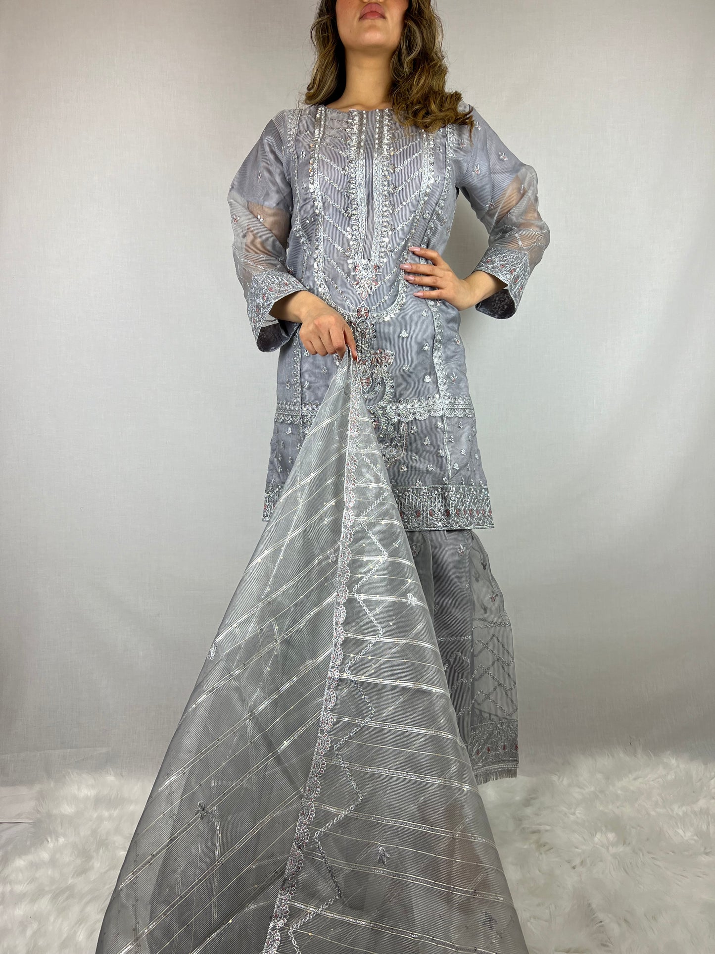 Grey & Silver Beaded Sharara