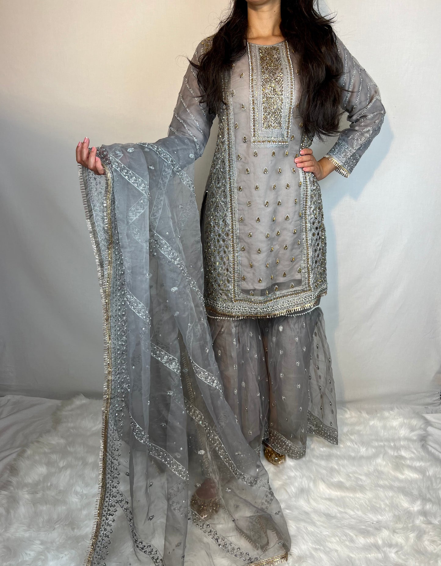 Grey Beaded Gharara Suit