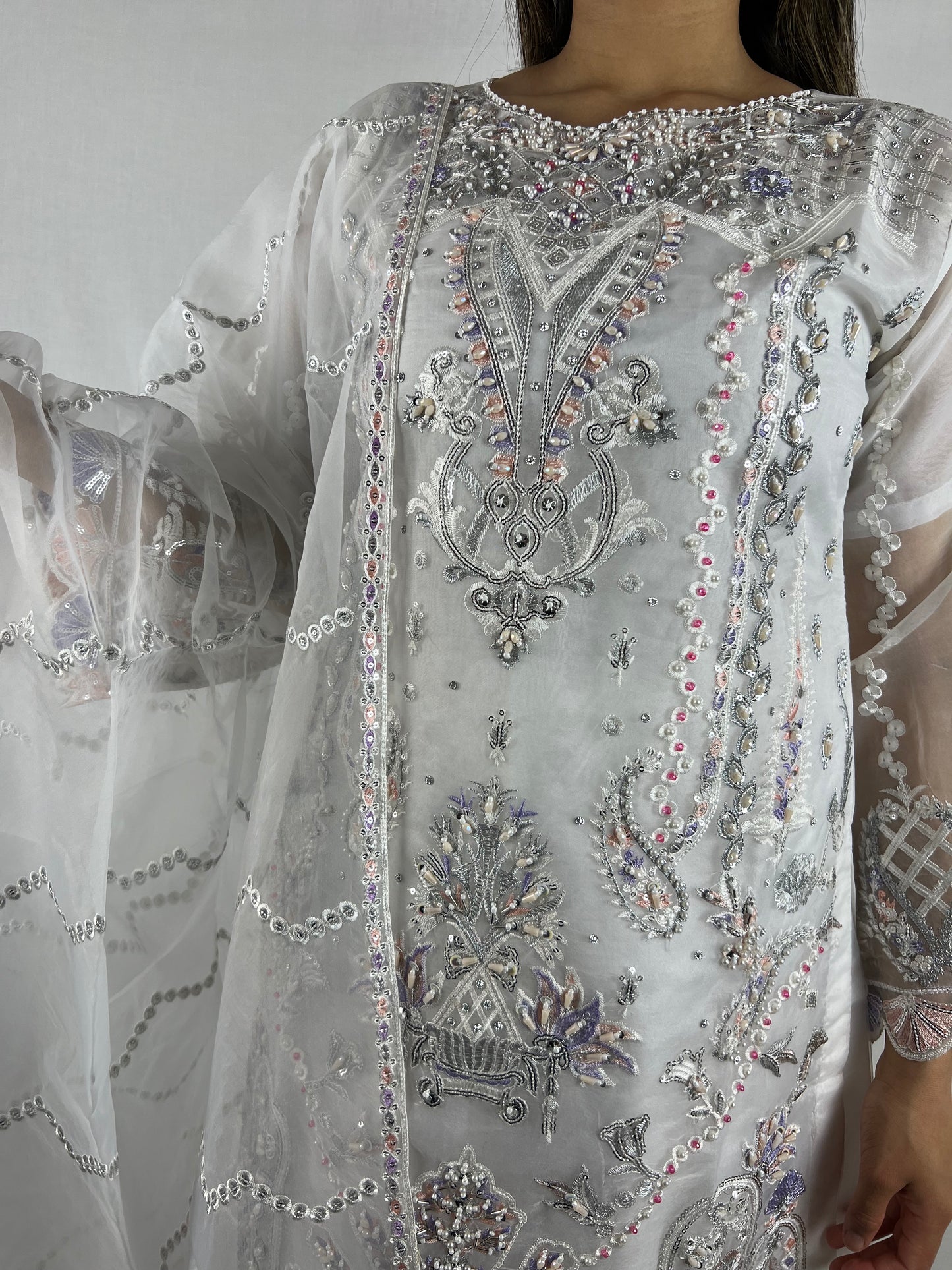 White & Pastel Embroidered Palazzo Suit