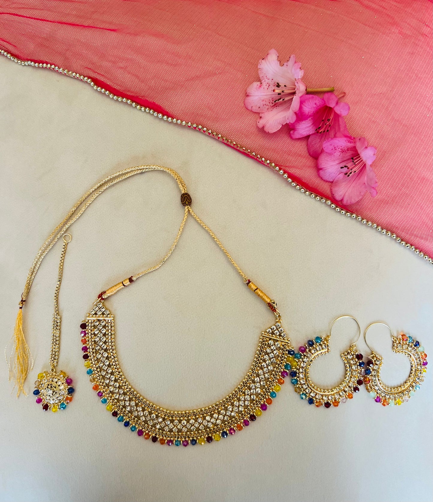 Gold & Multicoloured Jewellery Set With Thin Bindi