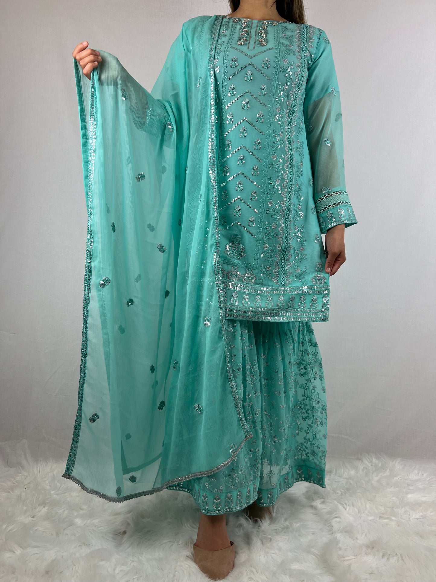 Aqua Blue Chiffon Sharara Suit