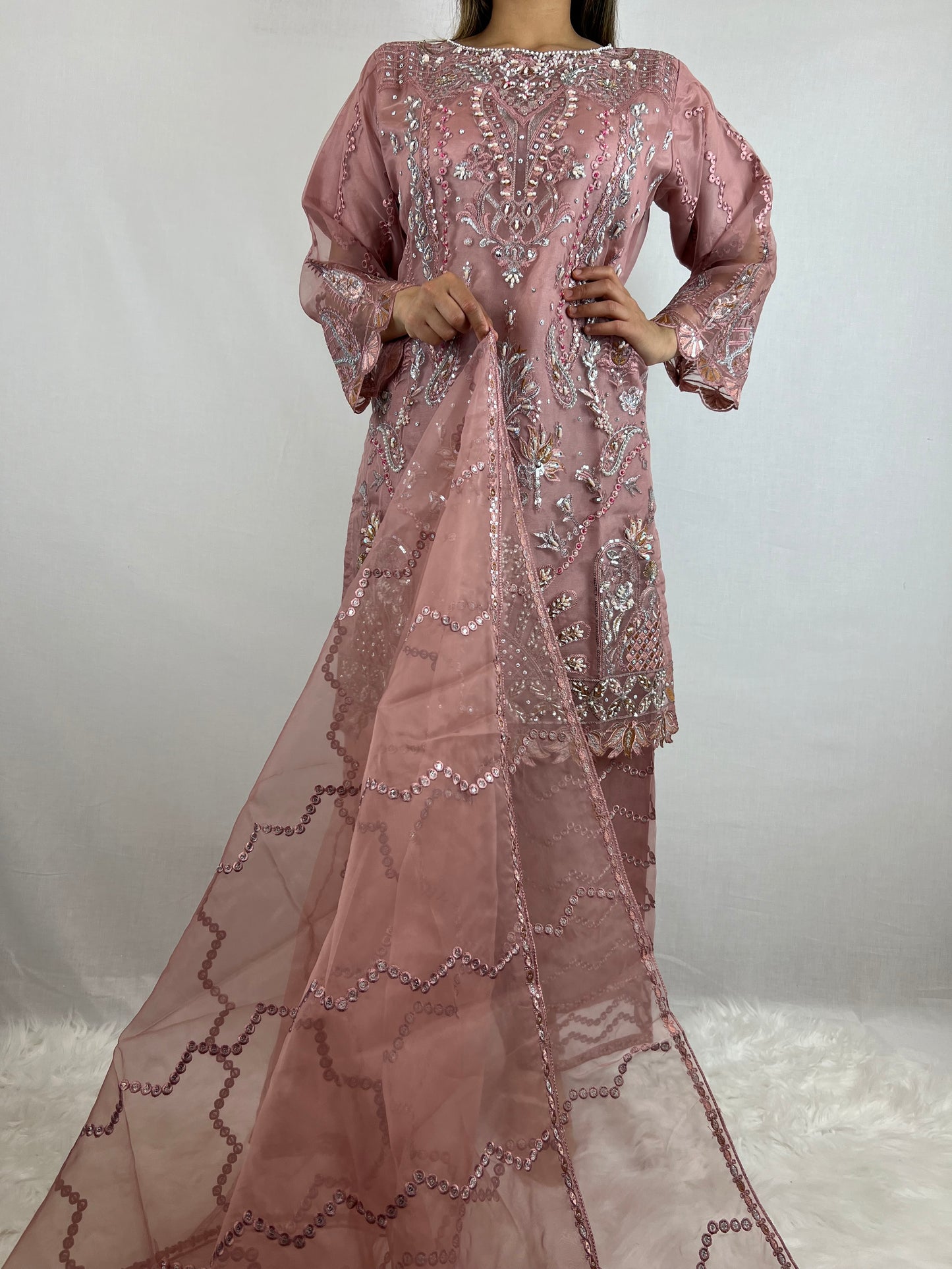 Dusty Rose Embroidered Palazzo Suit