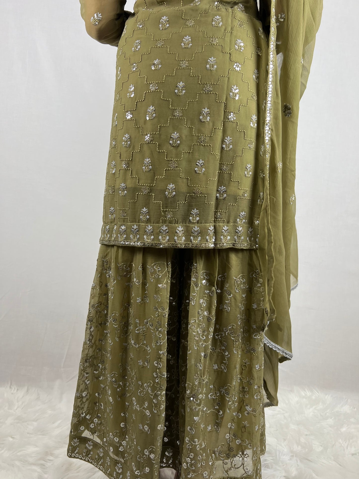 Mehndi Green Chiffon Sharara Suit