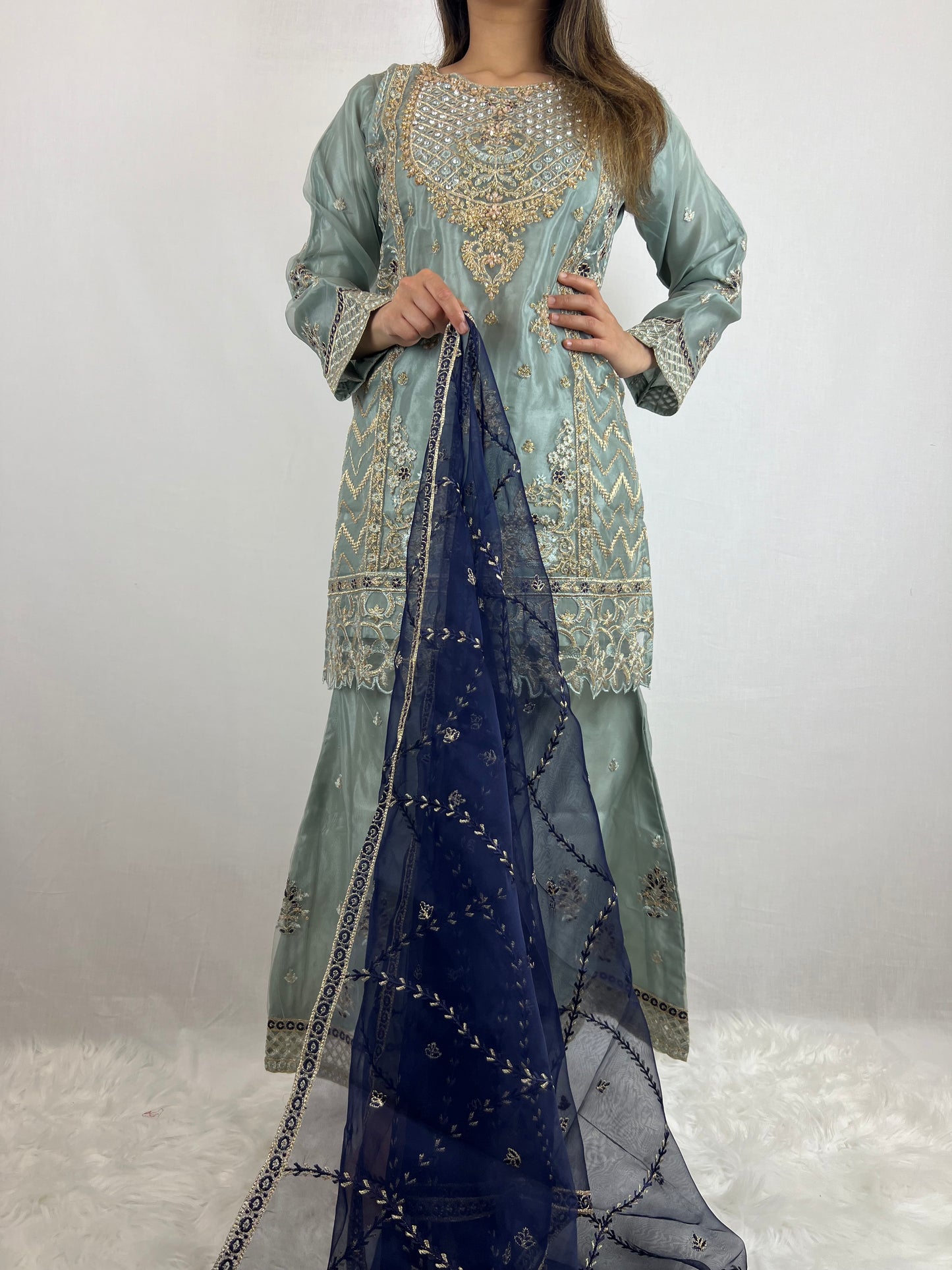 Dusky Blue & Royal Blue Sharara Suit