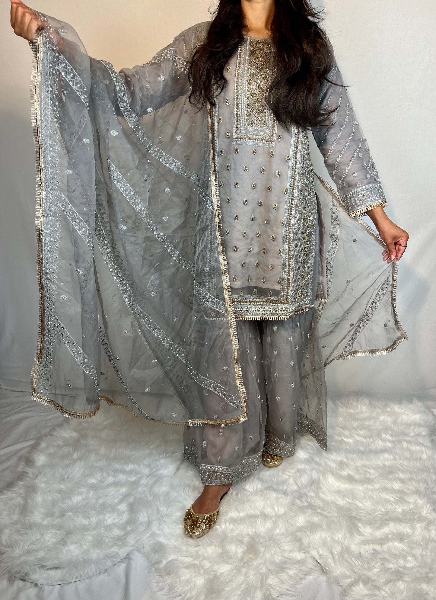 Grey Beaded Gharara Suit