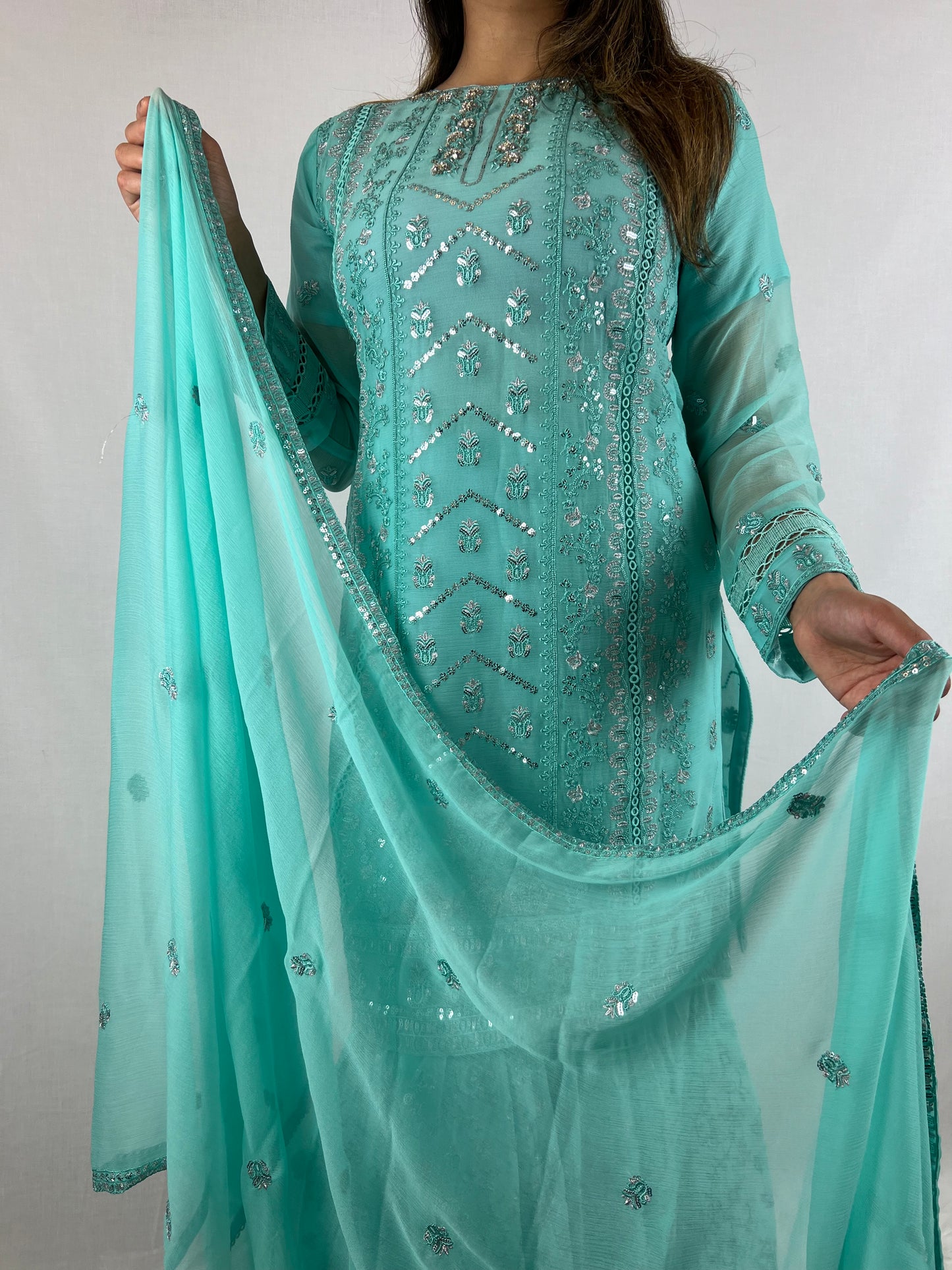 Aqua Blue Chiffon Sharara Suit