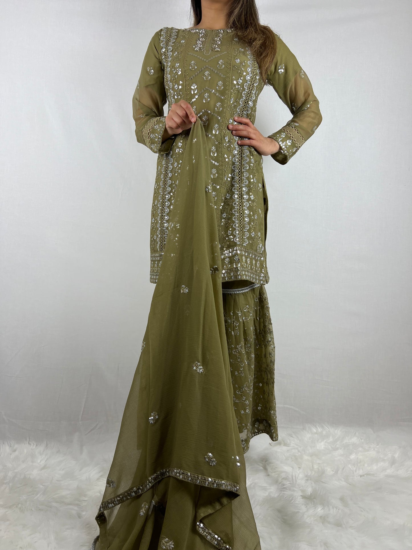 Mehndi Green Chiffon Sharara Suit
