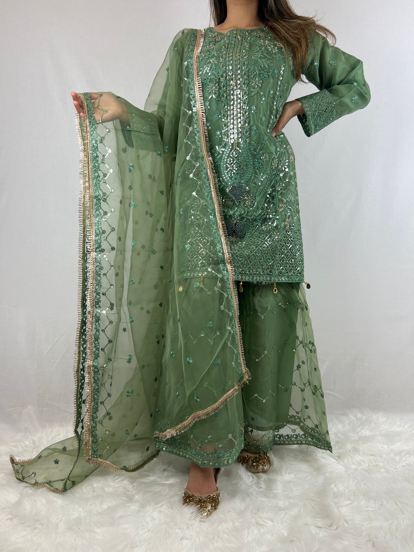 Emerald Green Embroidered Sharara Suit