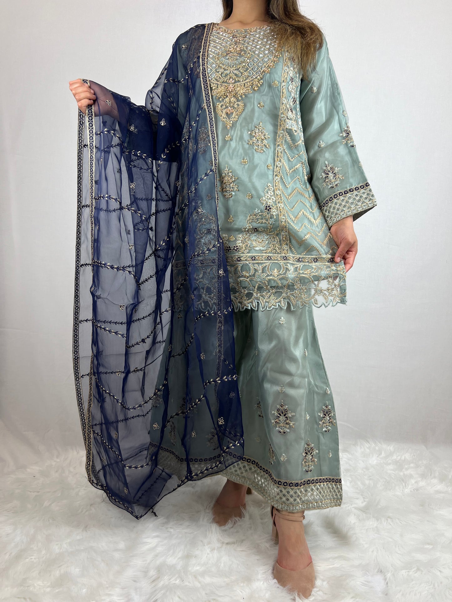 Dusky Blue & Royal Blue Sharara Suit