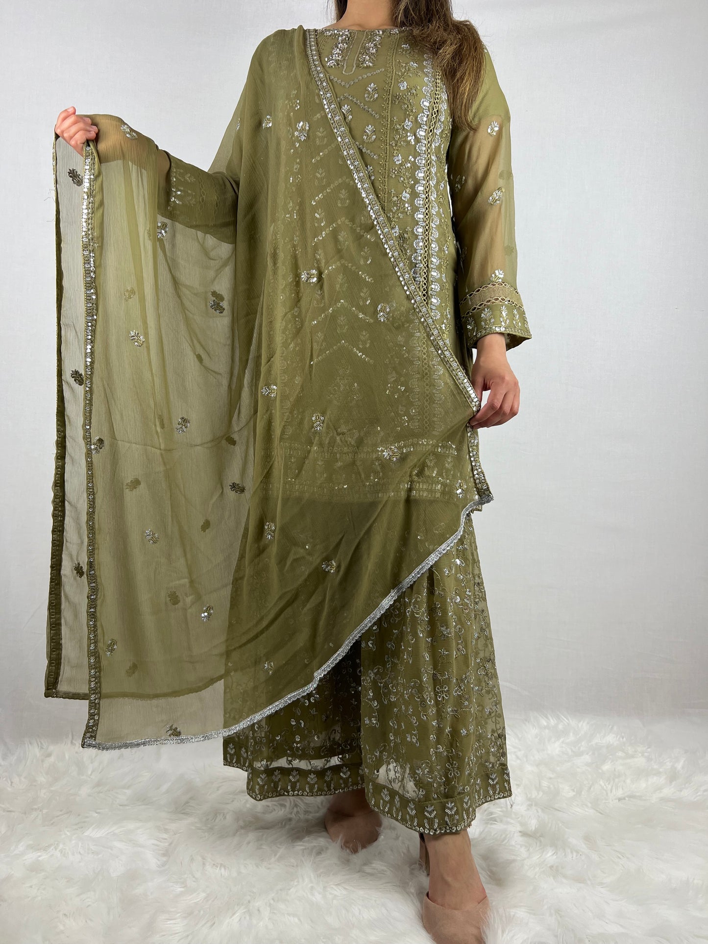 Mehndi Green Chiffon Sharara Suit