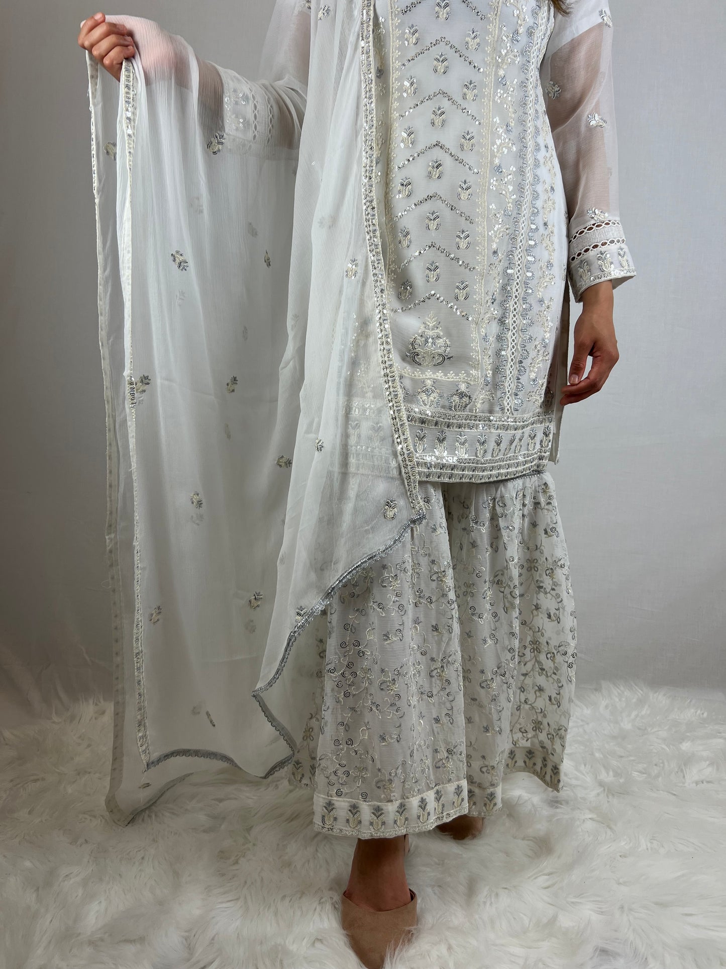 White Chiffon Sharara Suit