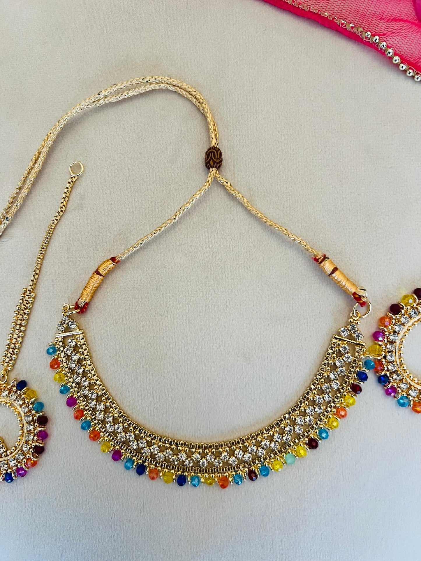 Gold & Multicoloured Jewellery Set With Round Bindi