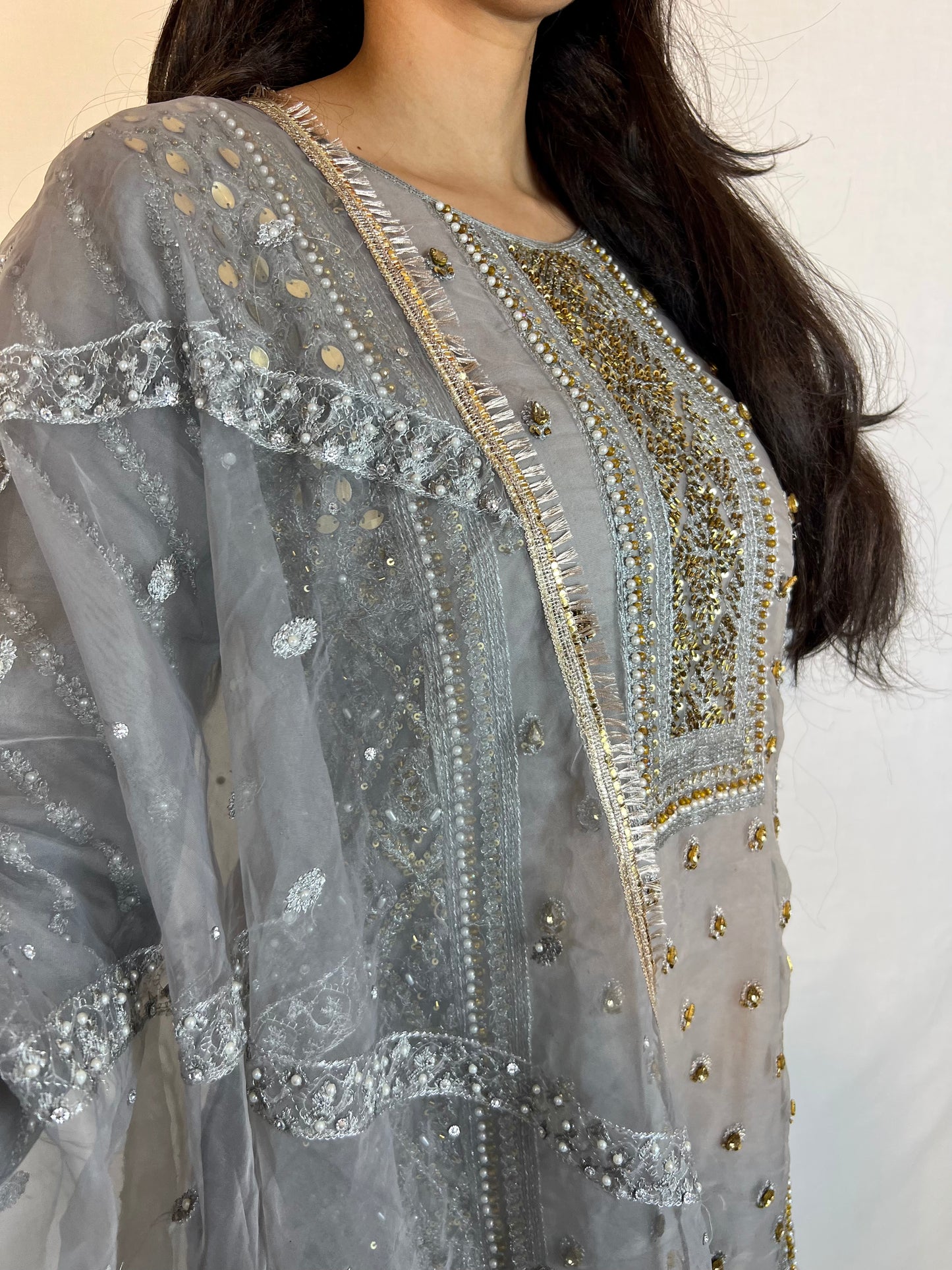 Grey Beaded Gharara Suit