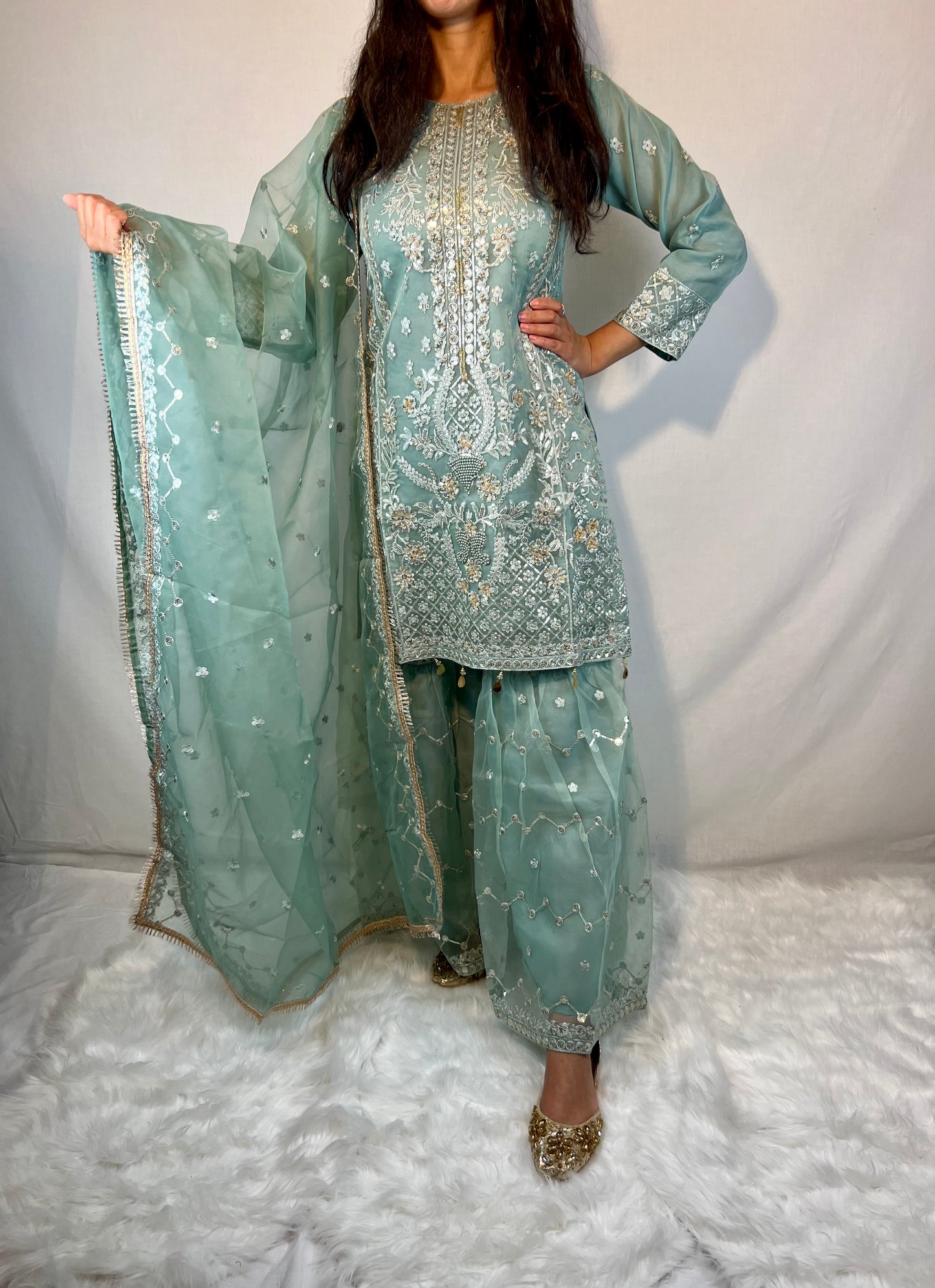 Turquoise Blue Embroidered Sharara