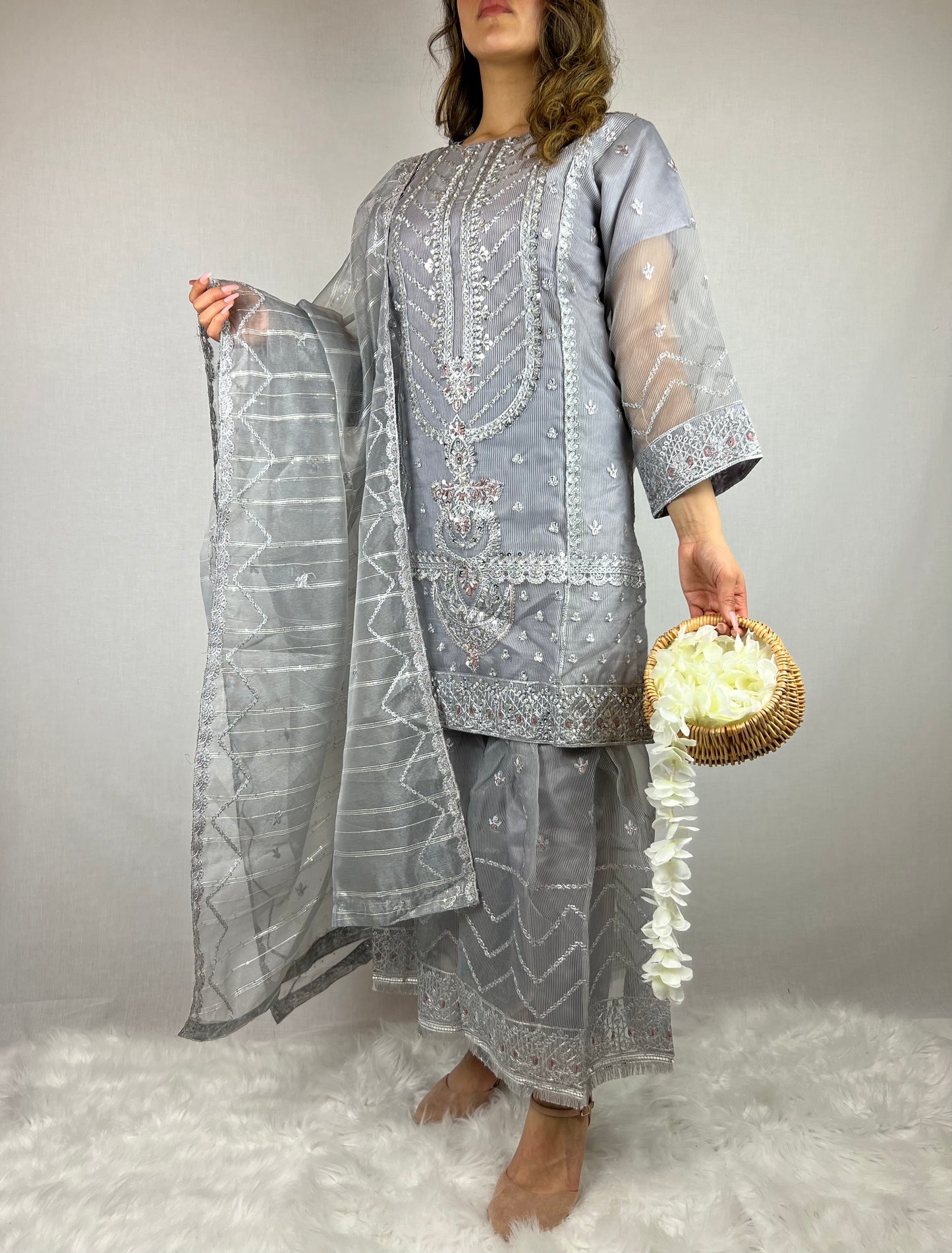 Grey & Silver Beaded Sharara