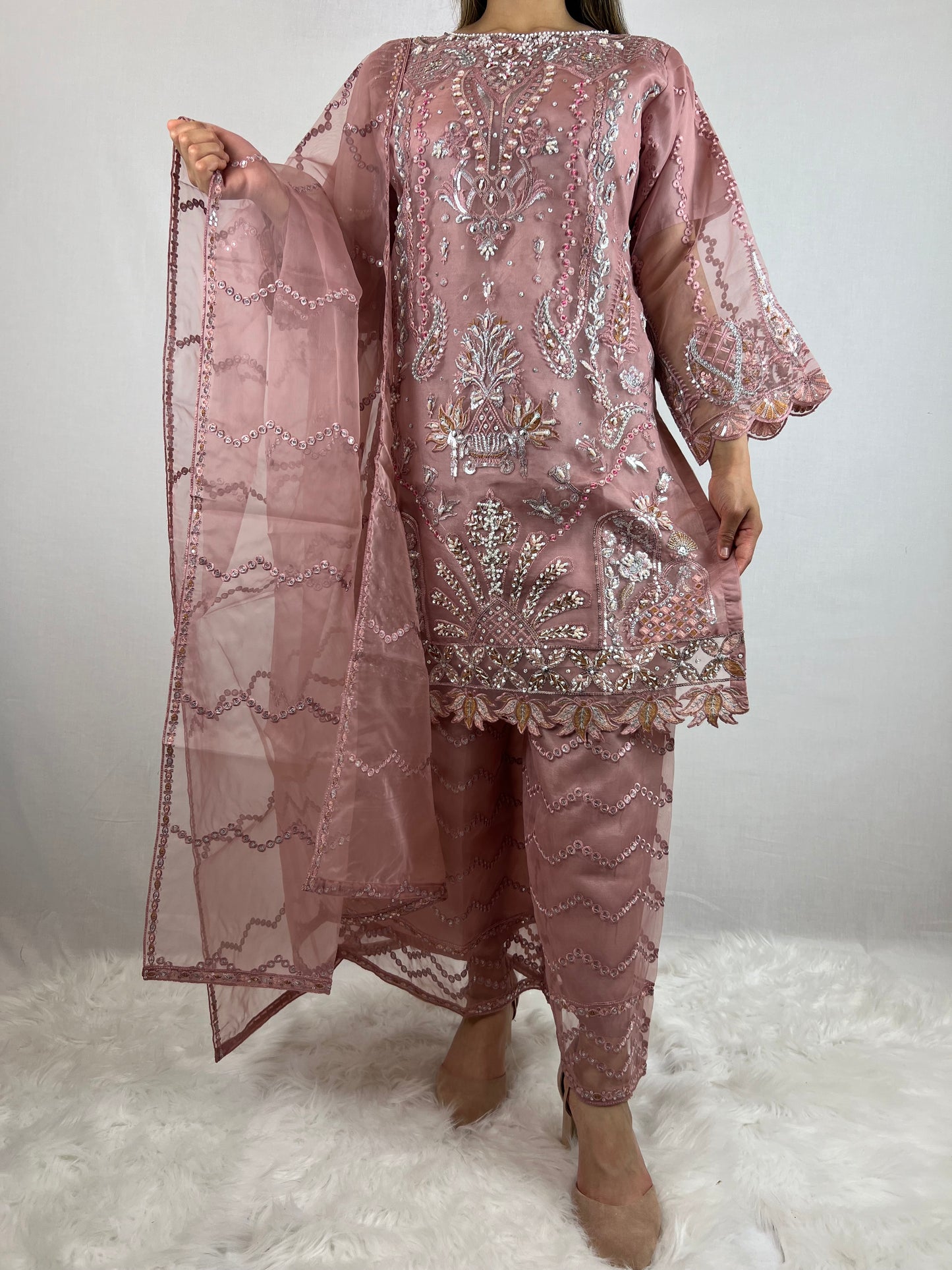 Dusty Rose Embroidered Palazzo Suit