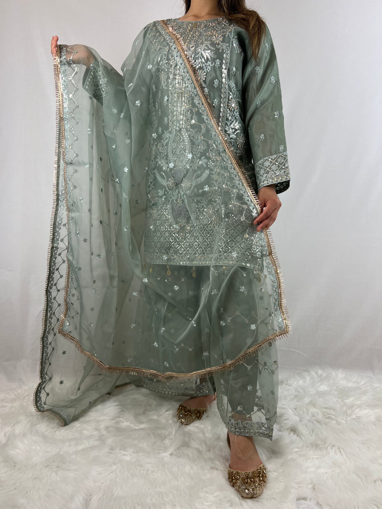 Dusky Sage Green Embroidered Sharara