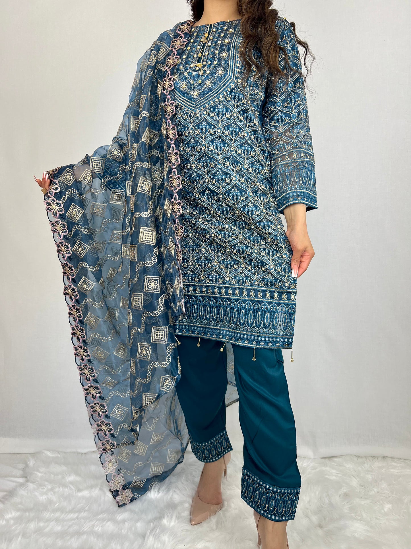Turquoise Blue Salwar Kameez With Floral Dupatta