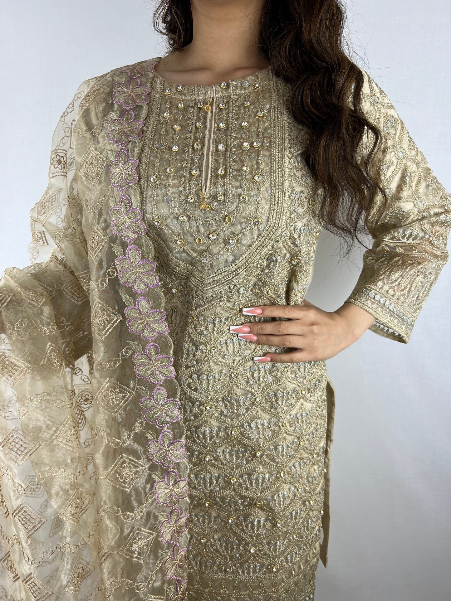 Light Gold Salwar Kameez With Floral Dupatta