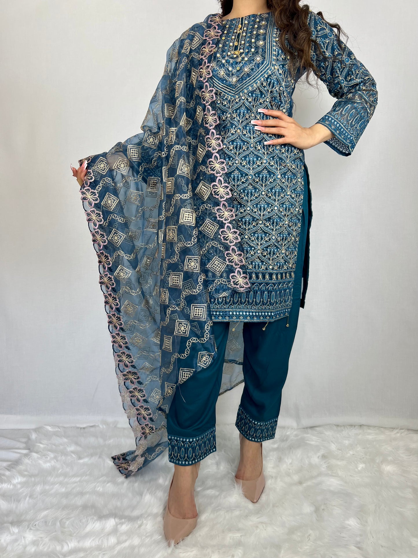 Turquoise Blue Salwar Kameez With Floral Dupatta