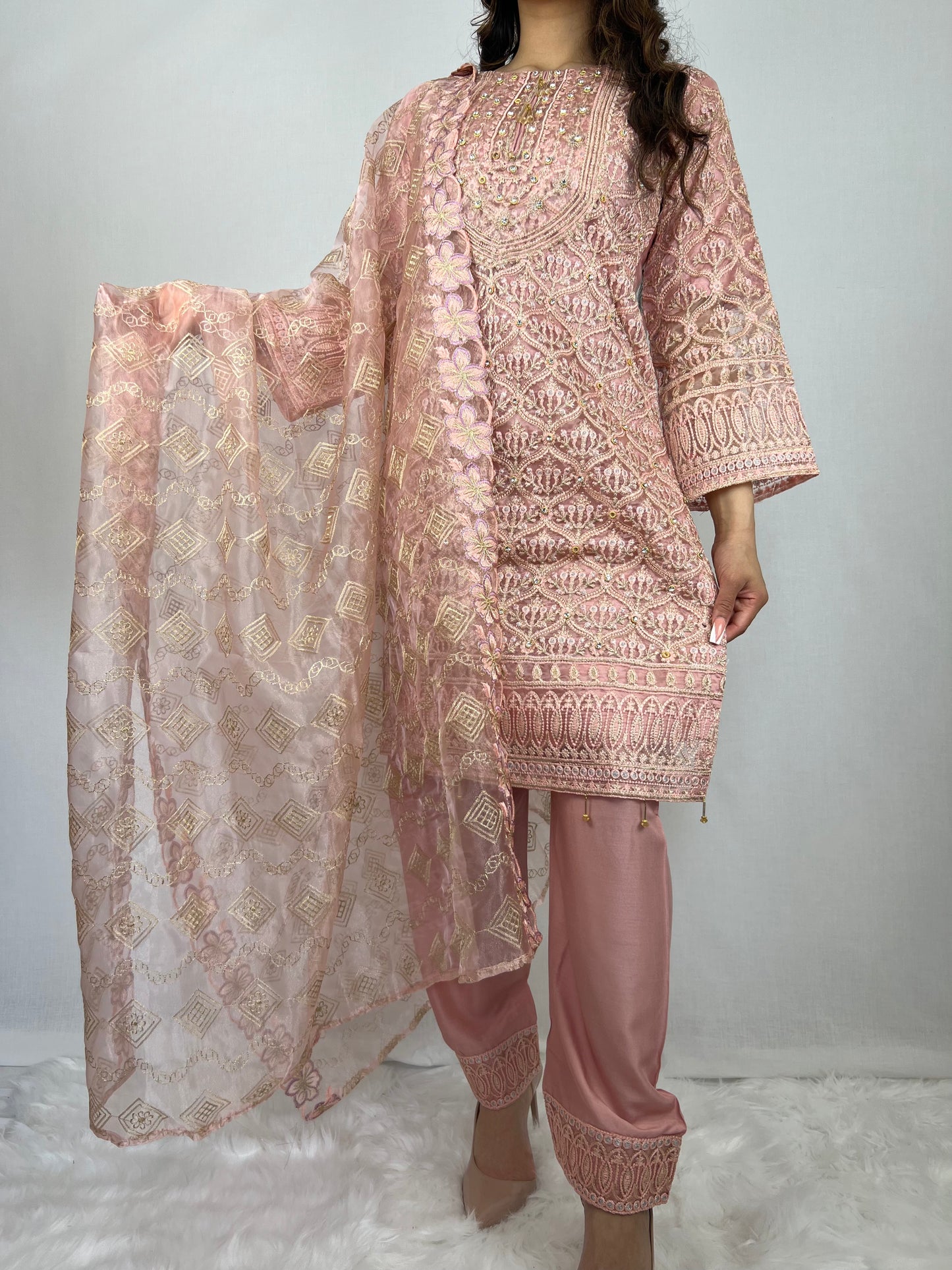 Baby Pink Salwar Kameez With Floral Dupatta