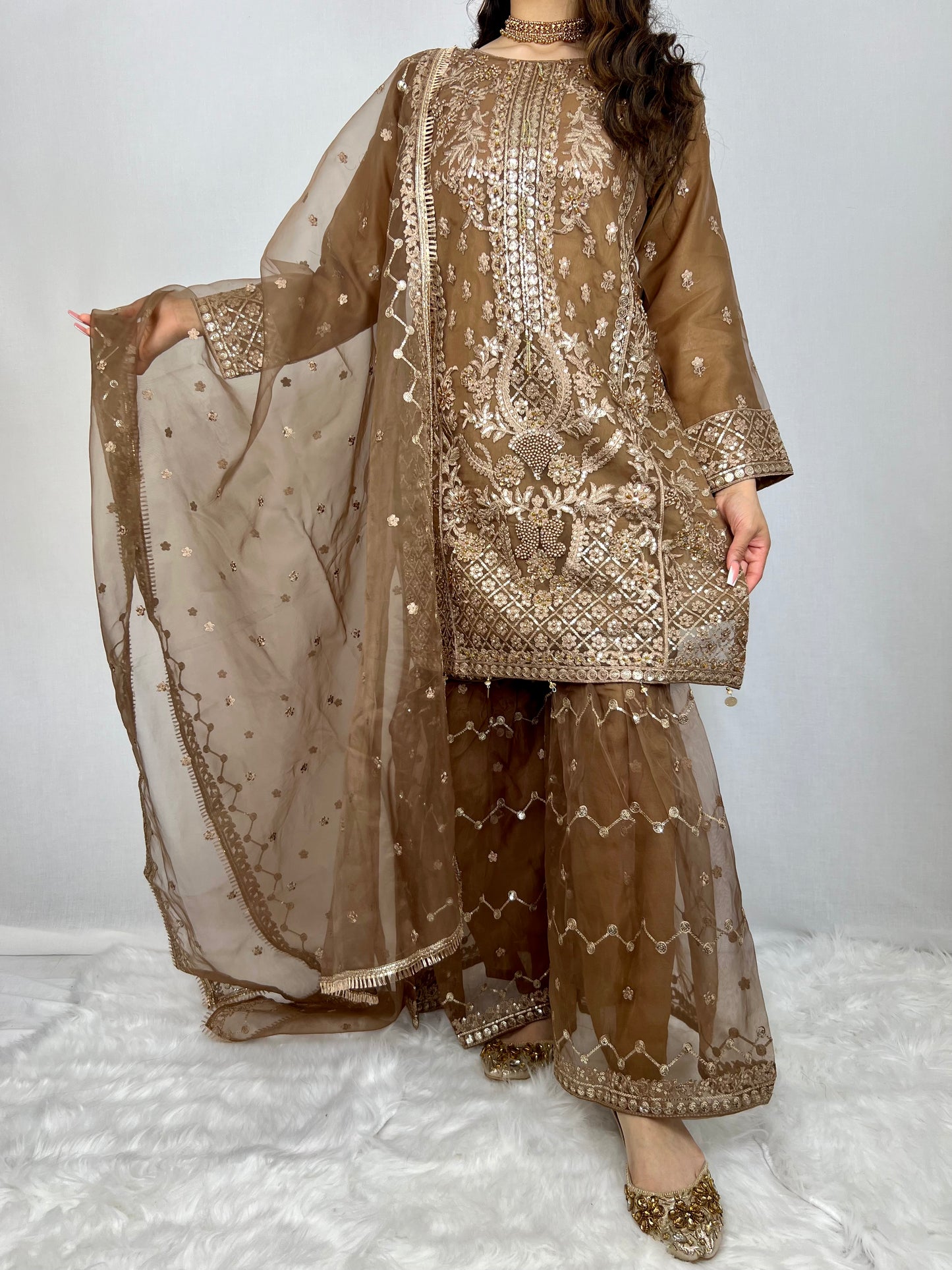 Mehndi Brown Embroidered Sharara