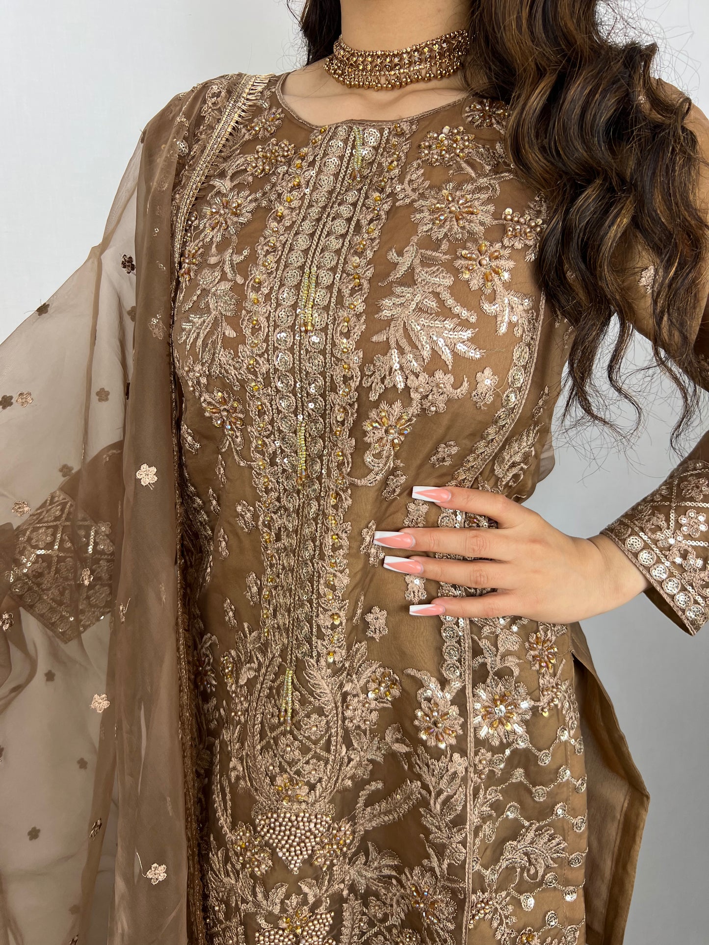 Mehndi Brown Embroidered Sharara
