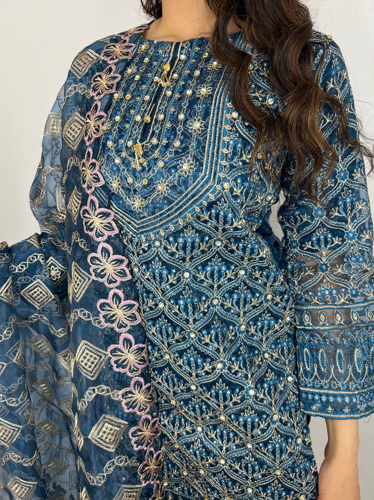 Turquoise Blue Salwar Kameez With Floral Dupatta