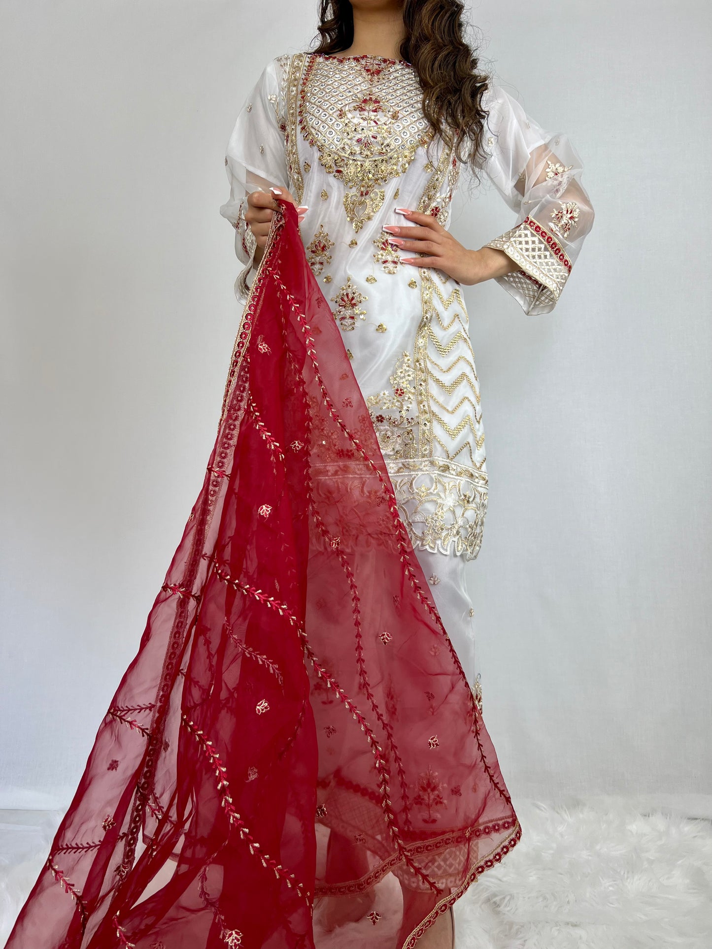 White & Red Sharara Suit