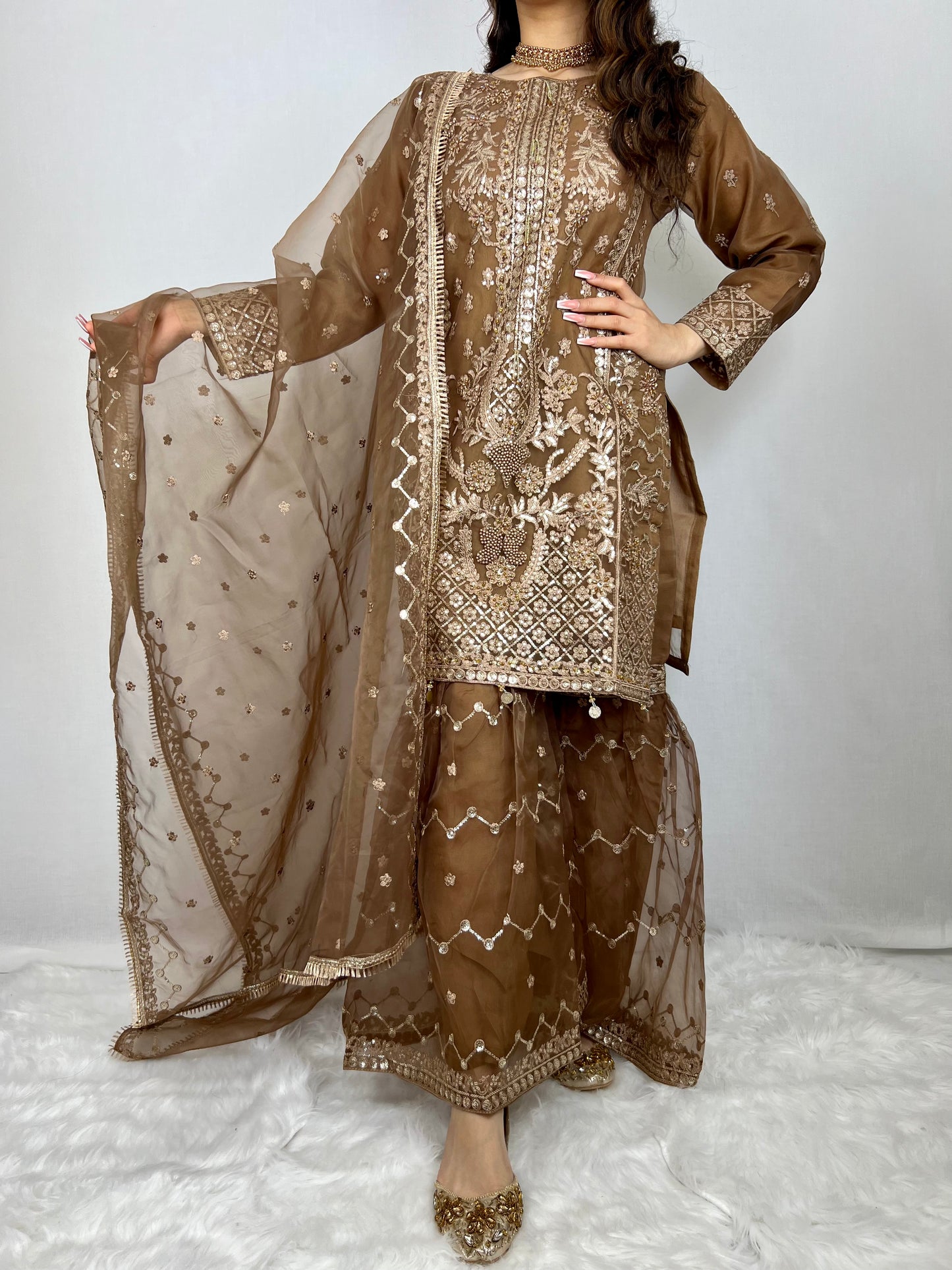 Mehndi Brown Embroidered Sharara
