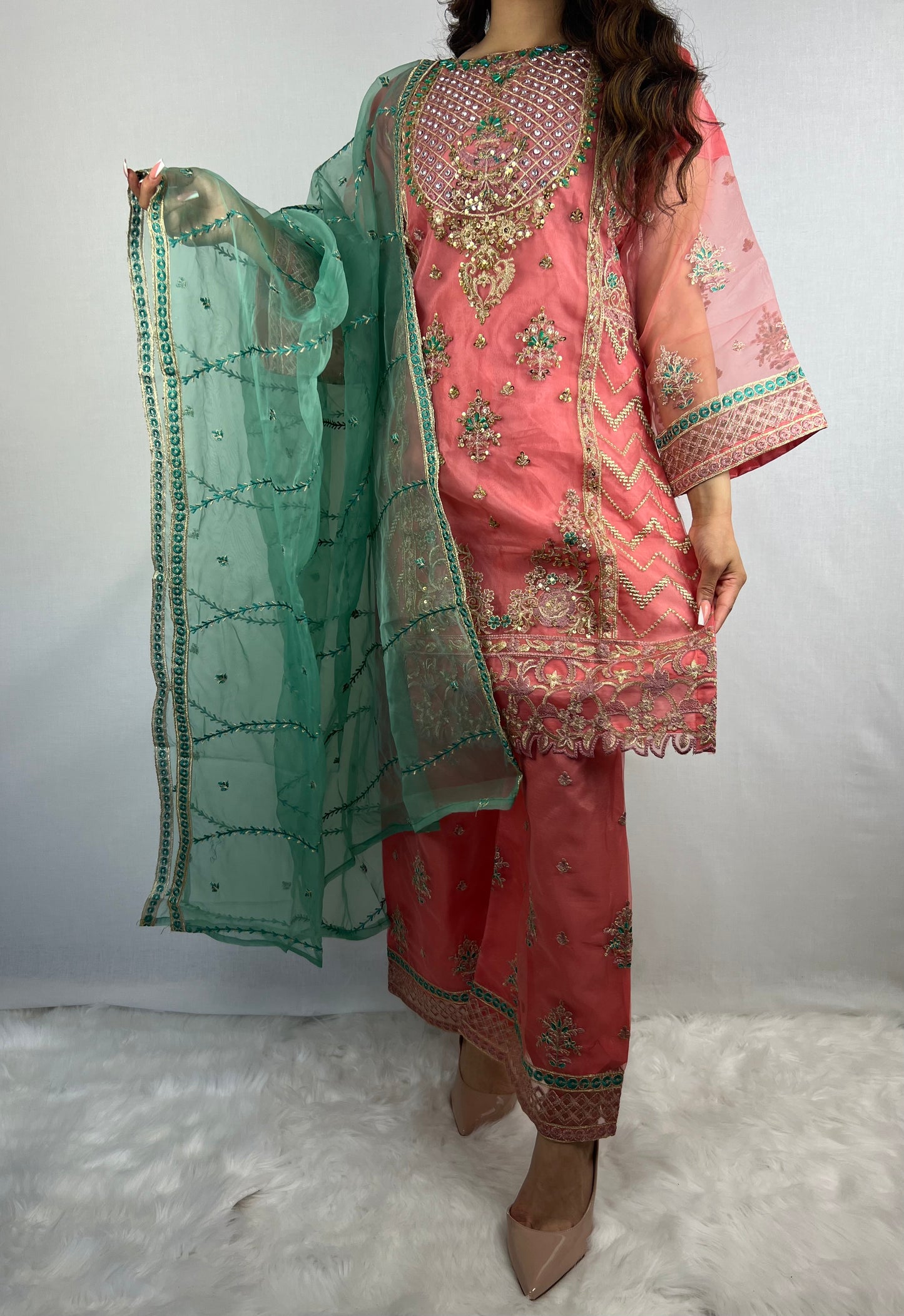 Rose Pink & Green Sharara Suit