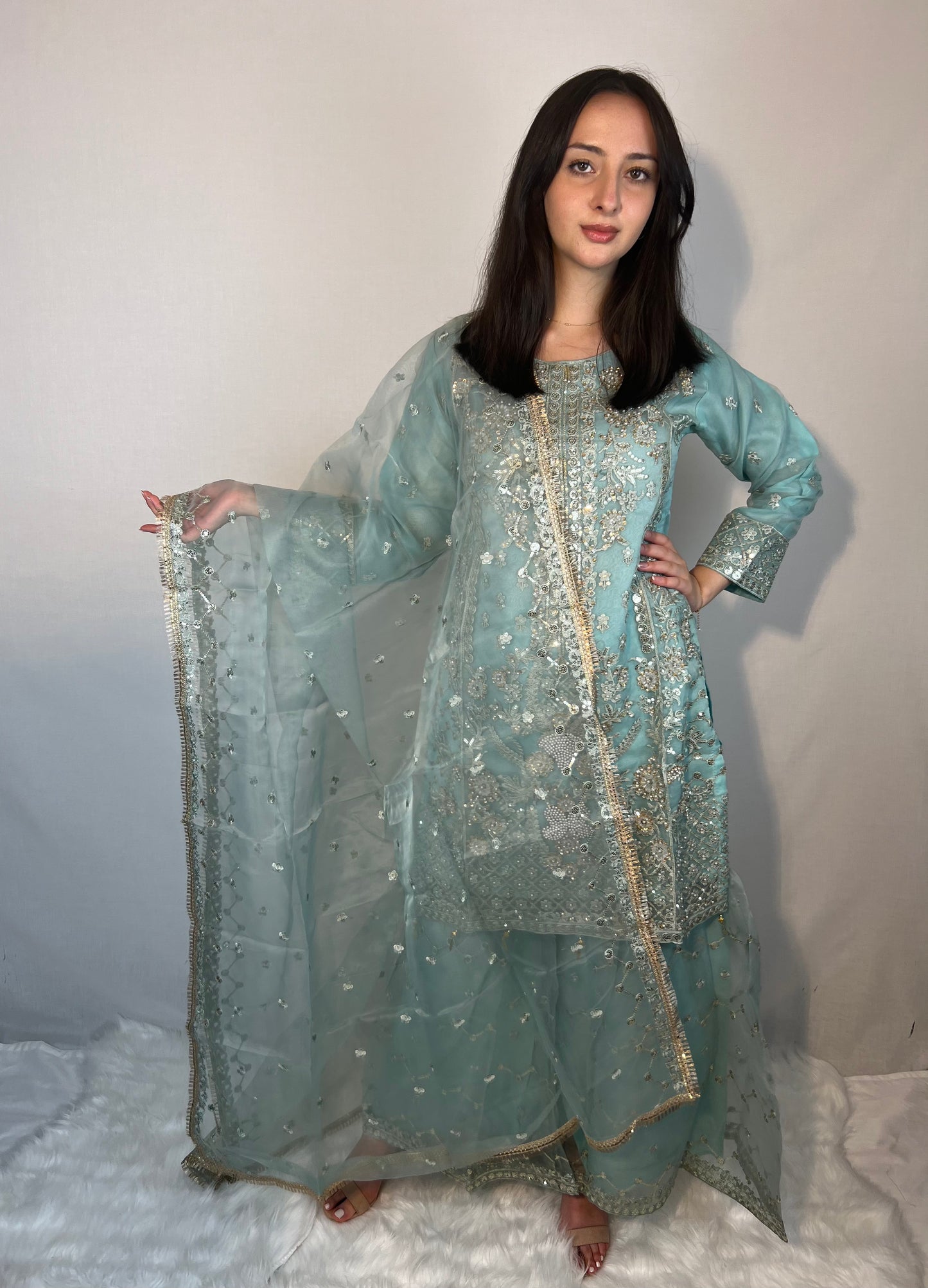 Baby Blue Embroidered Sharara