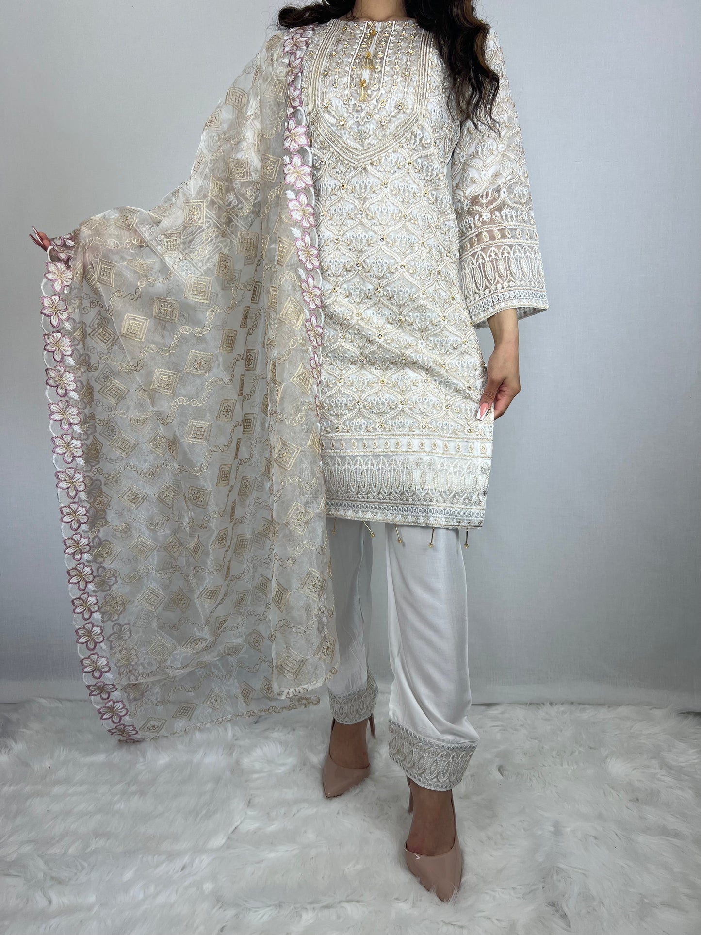 Angel White Salwar Kameez With Floral Dupatta